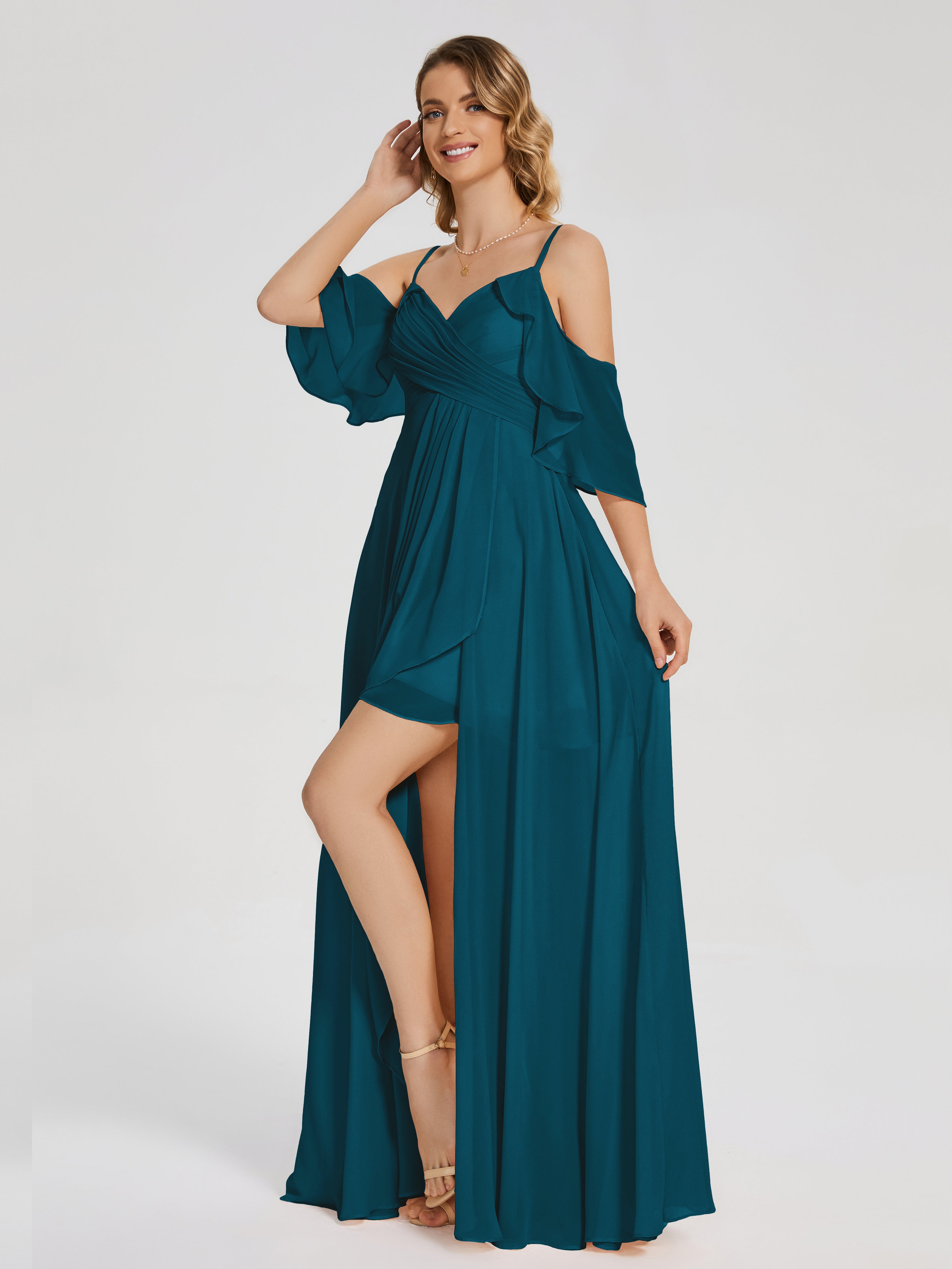 Robe De Demoiselle D'Honneur Bleu Encre Asymétrique Hors-La-Épaule Mousseline Robes Demoiselle D'Honneur