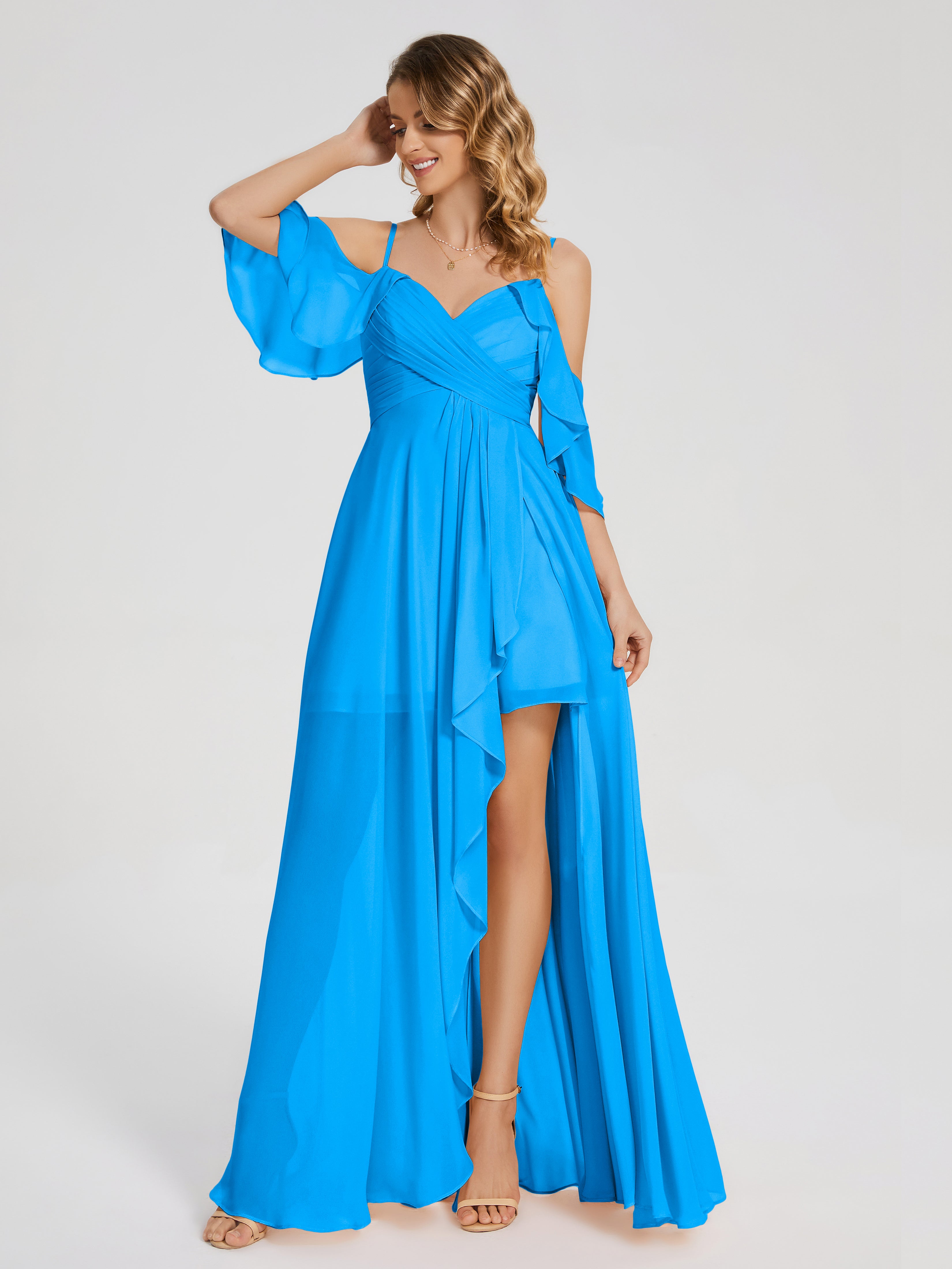 Robes De Demoiselle D'Honneur Bleu Océan Asymétrique Hors-La-Épaule Mousseline Robes Demoiselle D'Honneur