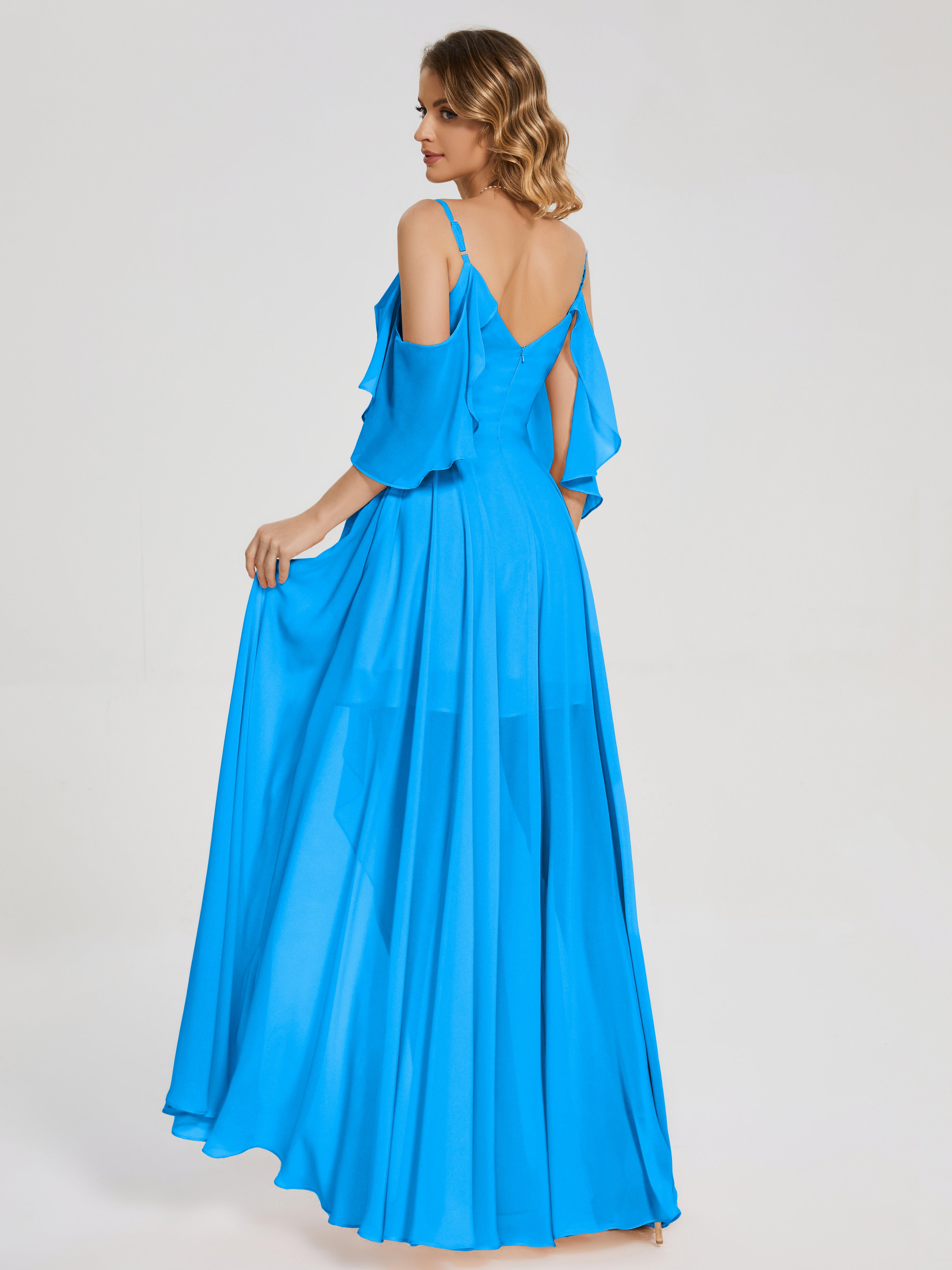 Robes De Demoiselle D'Honneur Bleu Océan Asymétrique Hors-La-Épaule Mousseline Robes Demoiselle D'Honneur