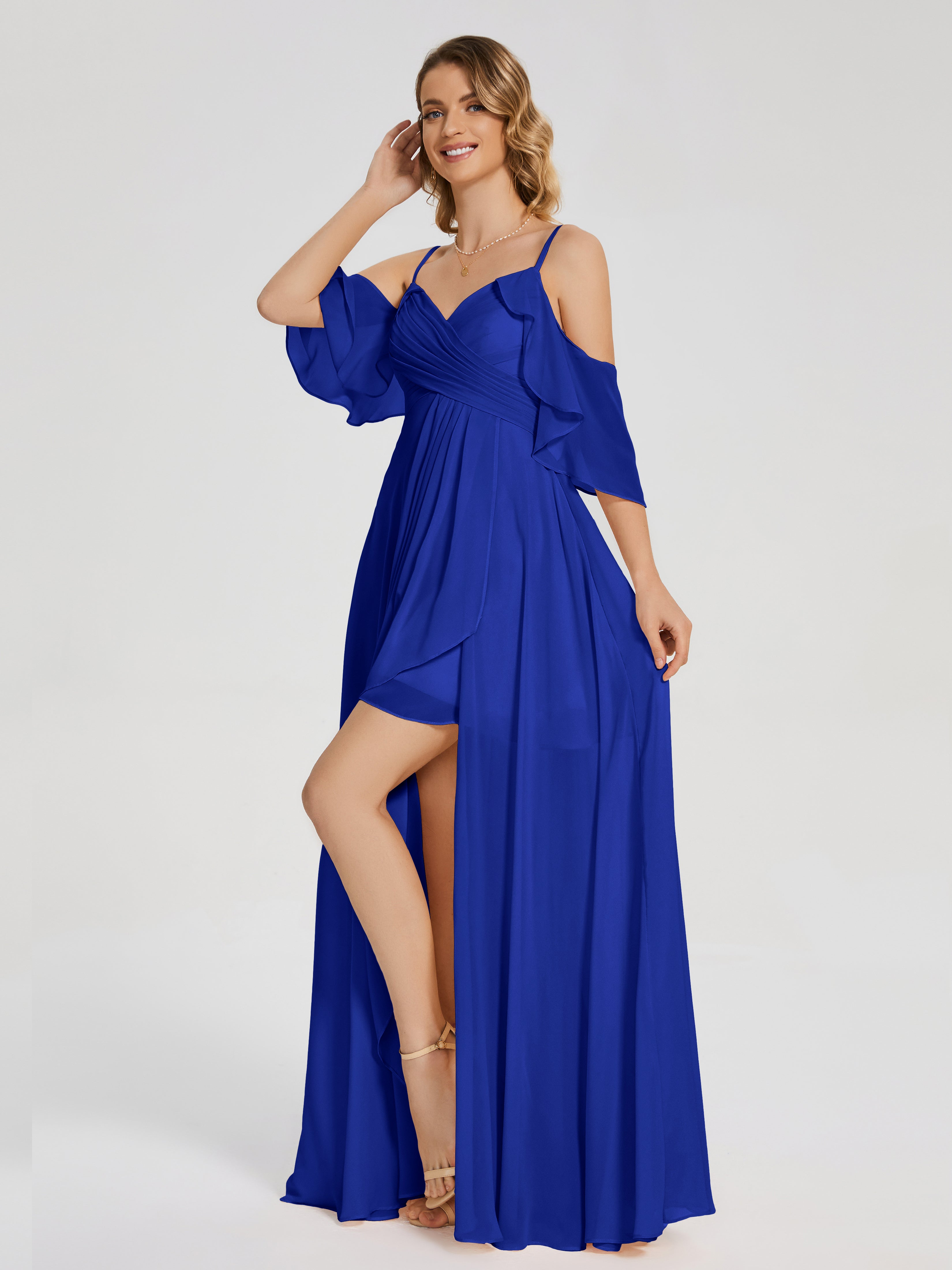 Robes De Demoiselle D'Honneur Bleu Royal Asymétrique Hors-La-Épaule Mousseline Robes Demoiselle D'Honneur