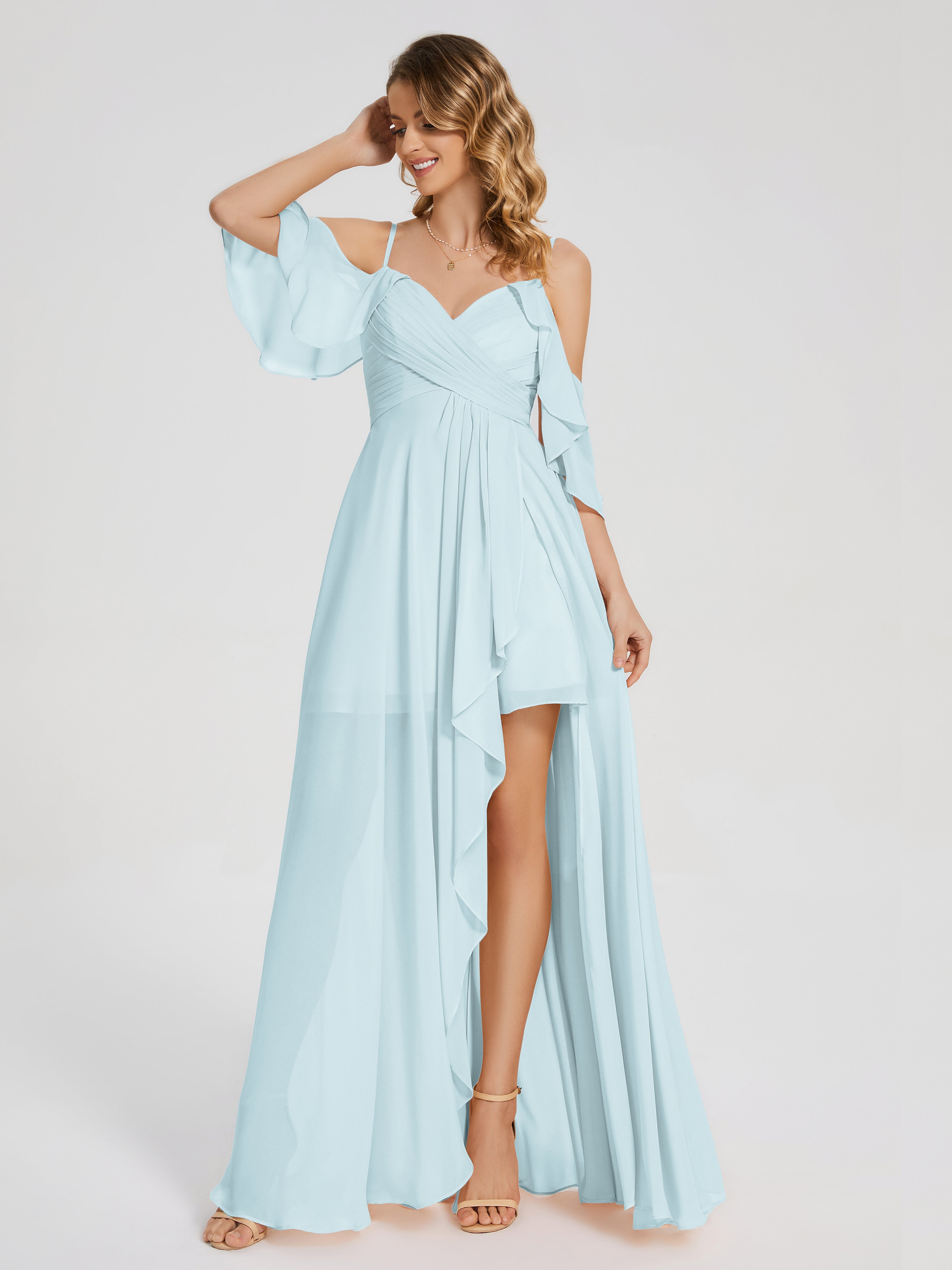 Robe De Demoiselle D'Honneur Brume Asymétrique Hors-La-Épaule Mousseline Robes Demoiselle D'Honneur