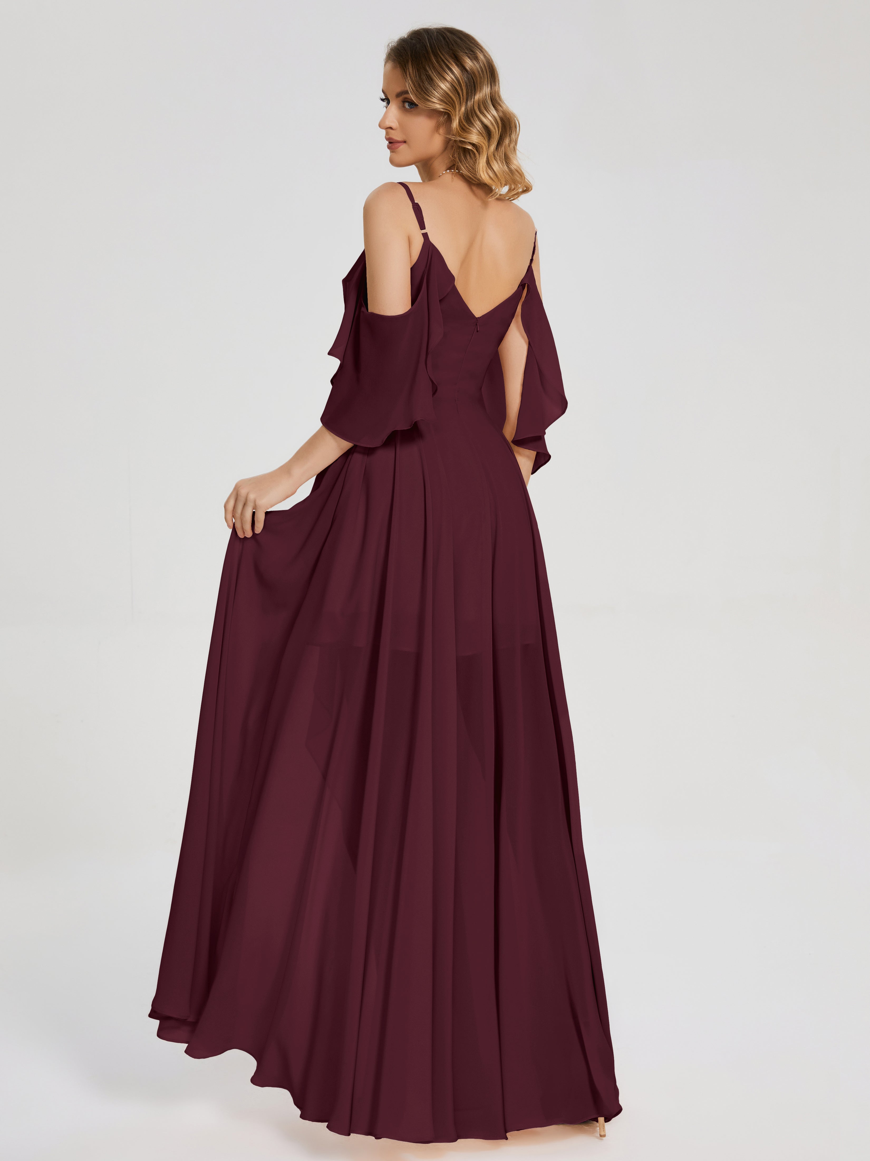 Robes De Demoiselle D'Honneur Cabernet Asymétrique Hors-La-Épaule Mousseline Robes Demoiselle D'Honneur