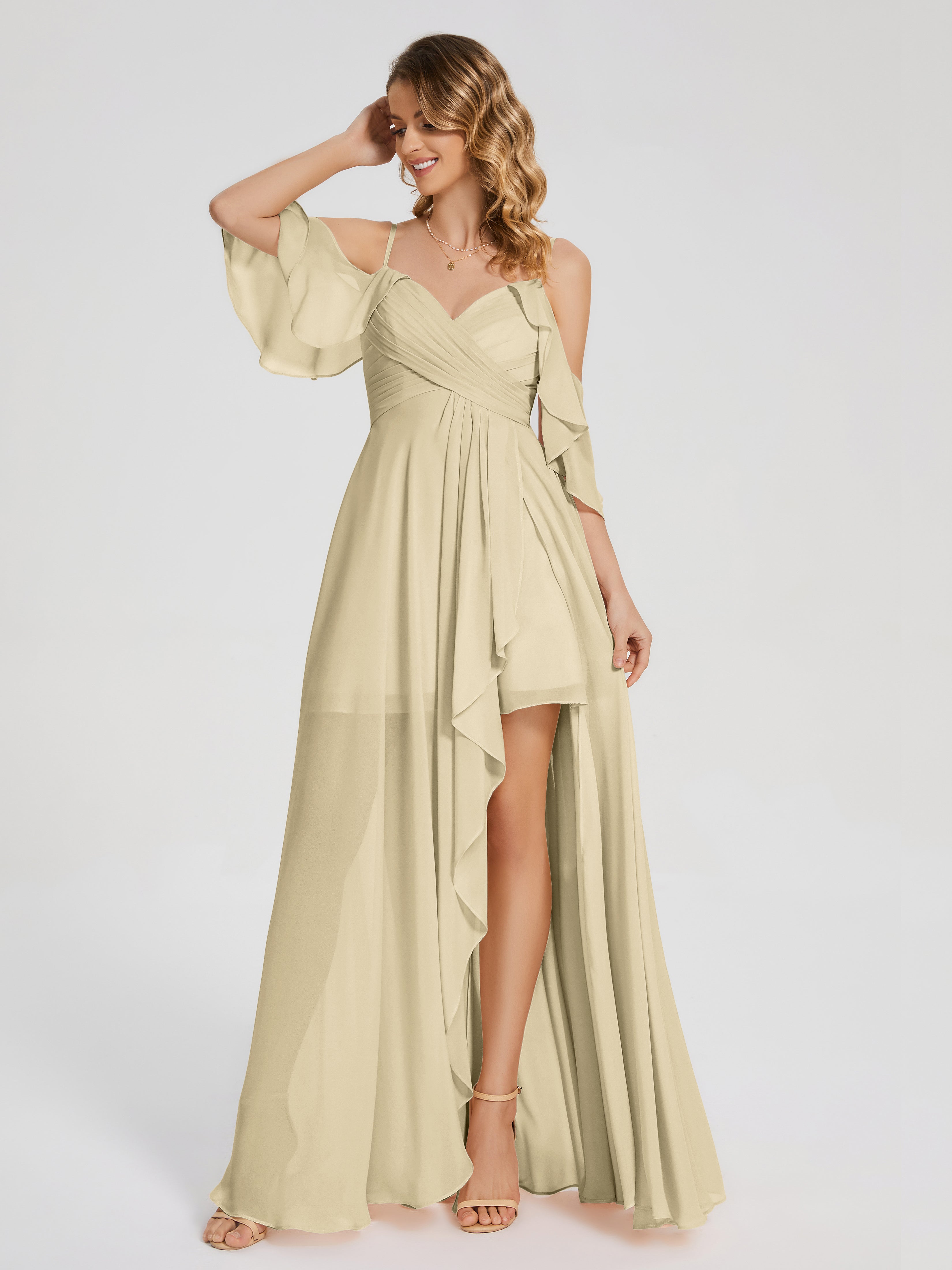Robes De Demoiselle D'Honneur Couleur Champagne Asymétrique Hors-La-Épaule Mousseline Robes Demoiselle D'Honneur