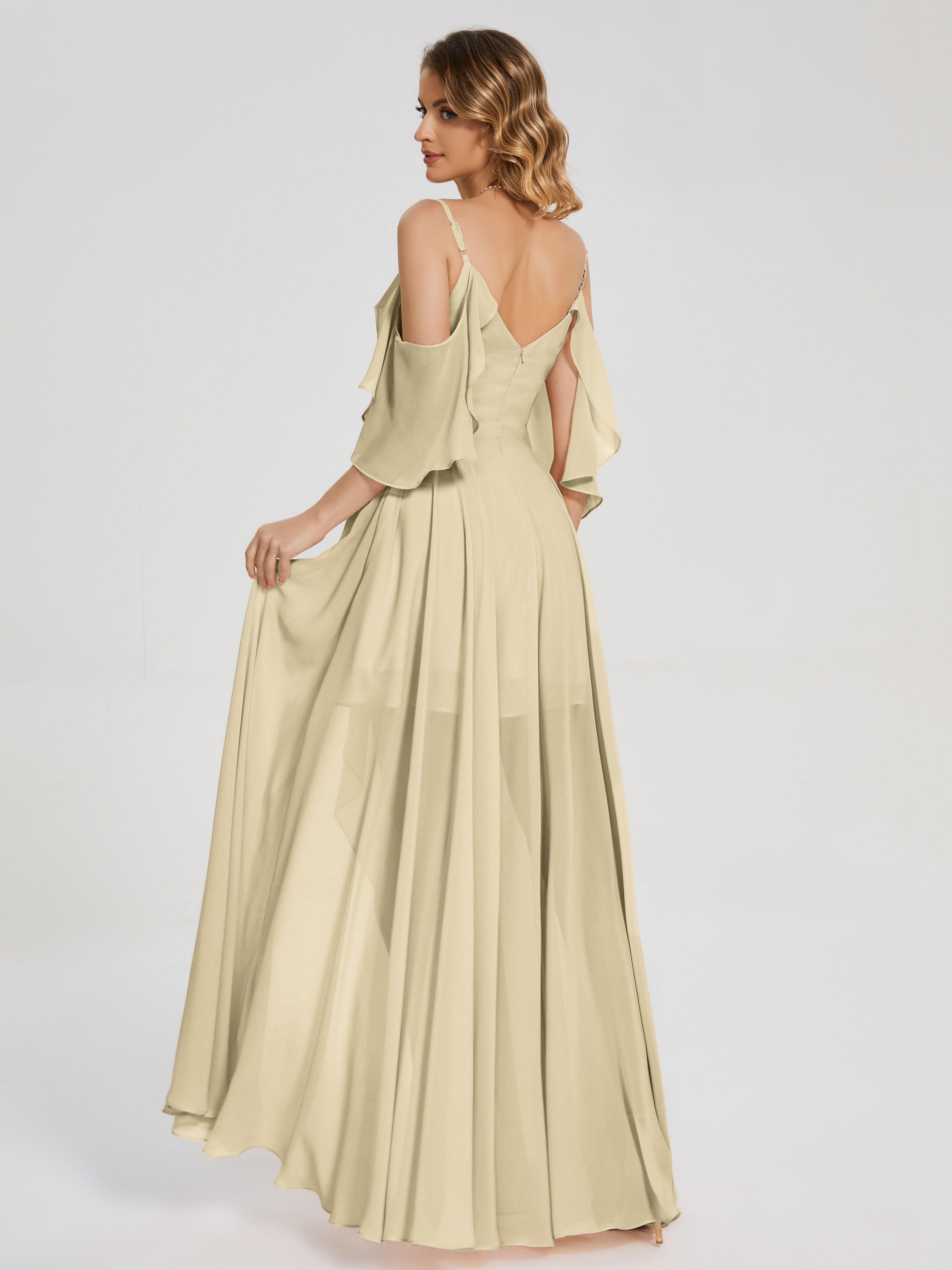 Robes De Demoiselle D'Honneur Couleur Champagne Asymétrique Hors-La-Épaule Mousseline Robes Demoiselle D'Honneur