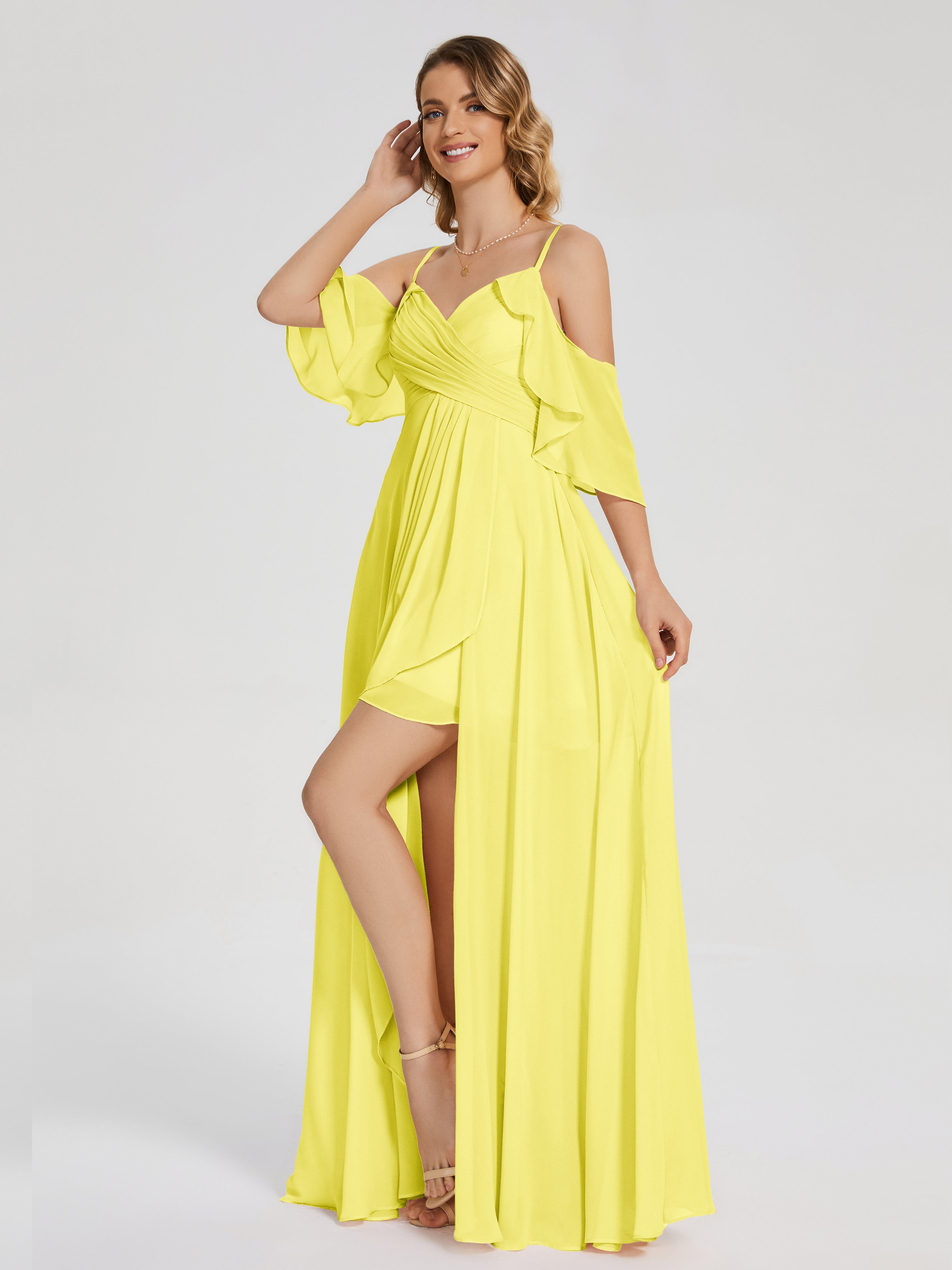 Robes De Demoiselle D'Honneur Citron Asymétrique Hors-La-Épaule Mousseline Robes Demoiselle D'Honneur
