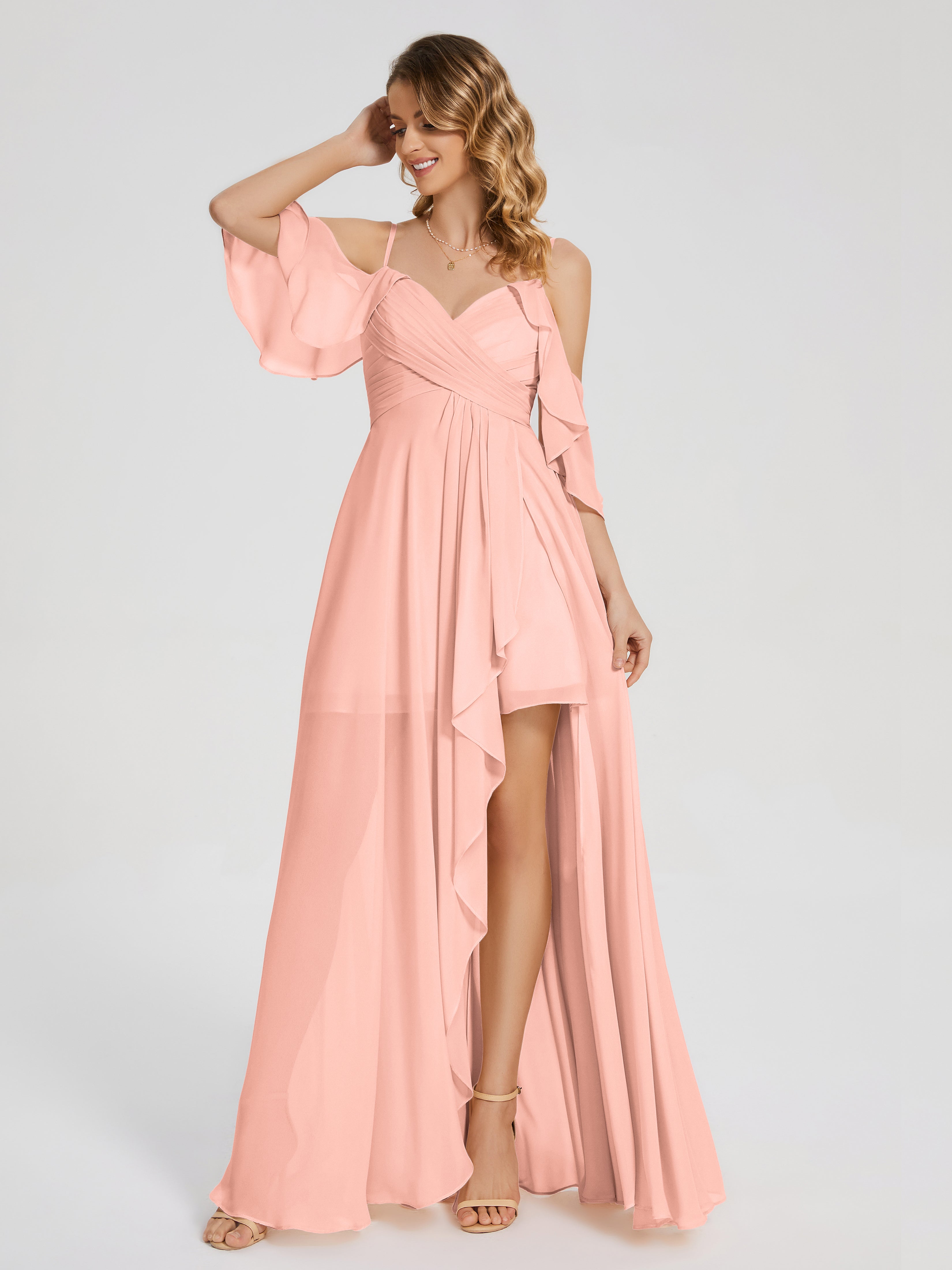 Robe Demoiselle Honneur Corail Asymétrique Hors-La-Épaule Mousseline Robes Demoiselle D'Honneur