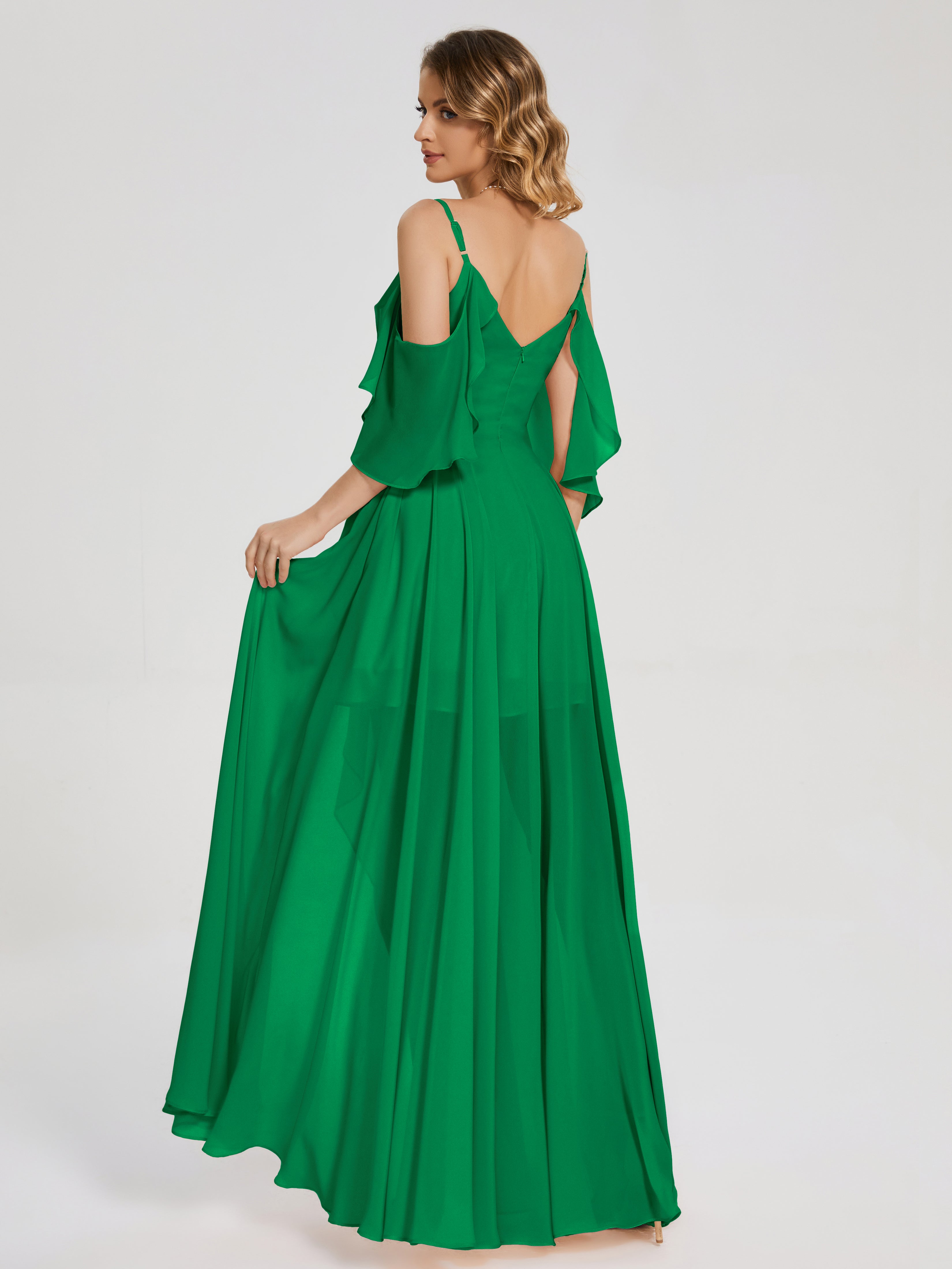 Robes De Demoiselle D'Honneur Émeraude Asymétrique Hors-La-Épaule Mousseline Robes Demoiselle D'Honneur