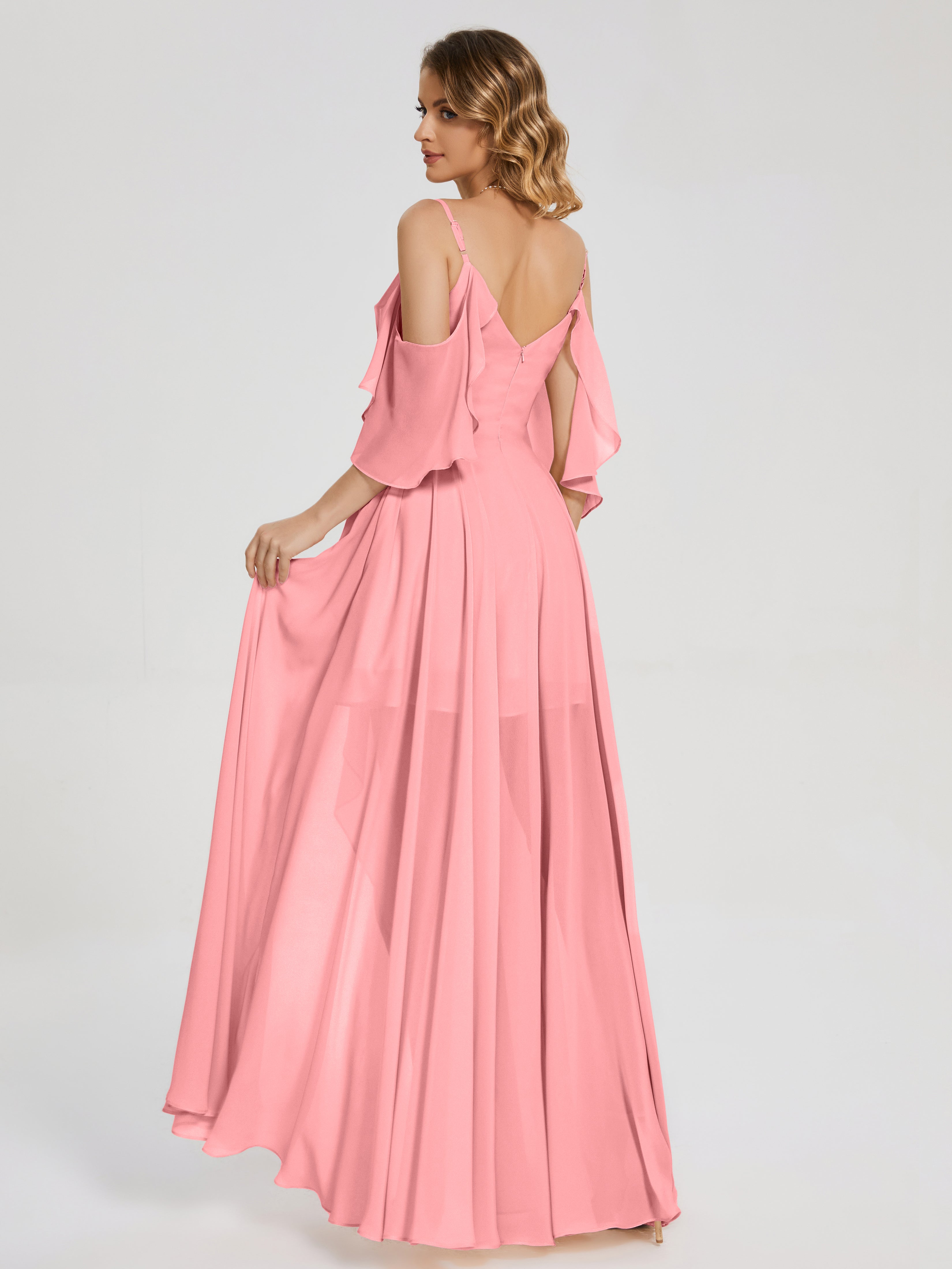Robes De Demoiselle D'Honneur En Flamant Asymétrique Hors-La-Épaule Mousseline Robes Demoiselle D'Honneur