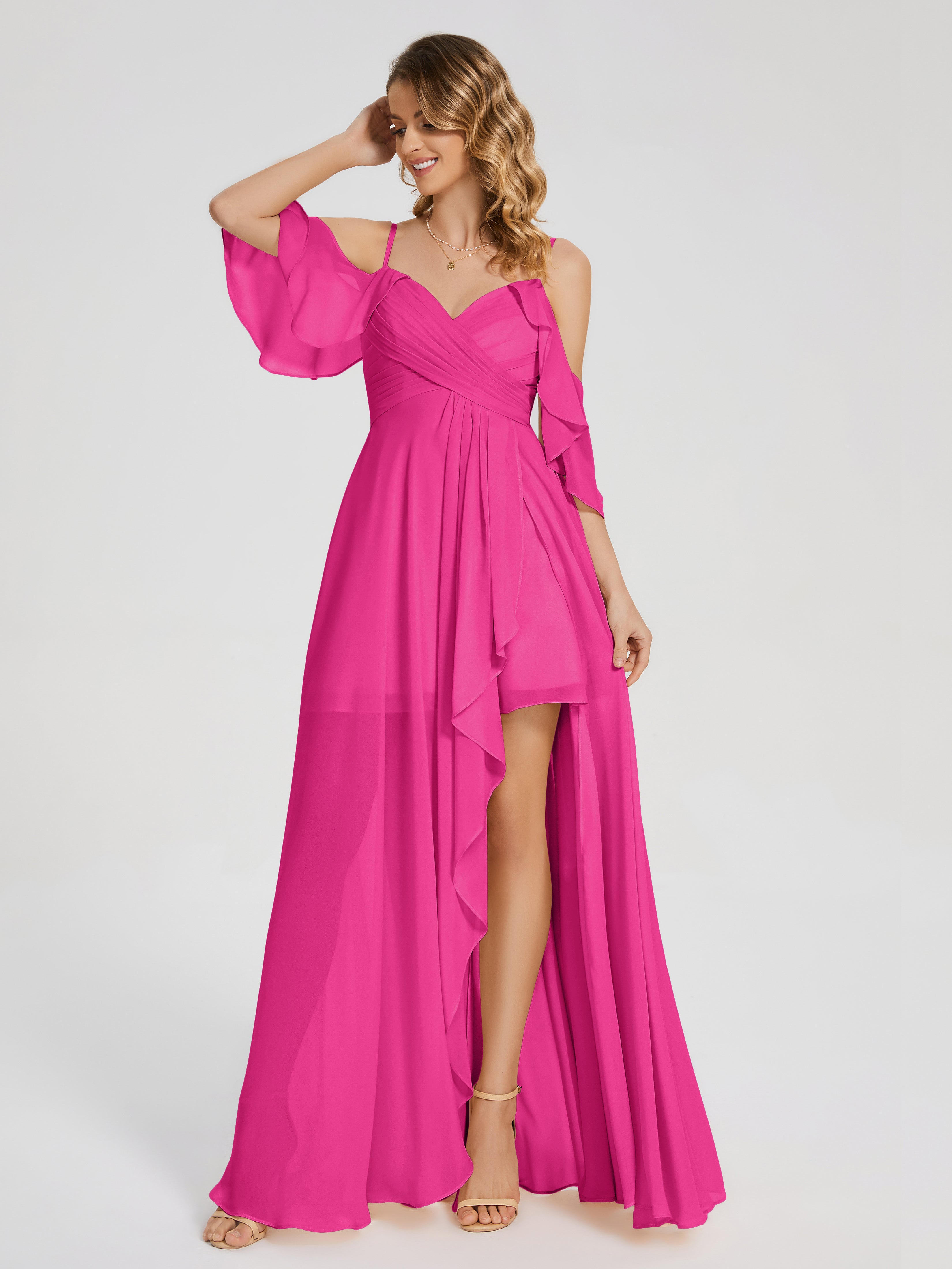 Robes De Demoiselle D'Honneur Rose Fuchsia Asymétrique Hors-La-Épaule Mousseline Robes Demoiselle D'Honneur