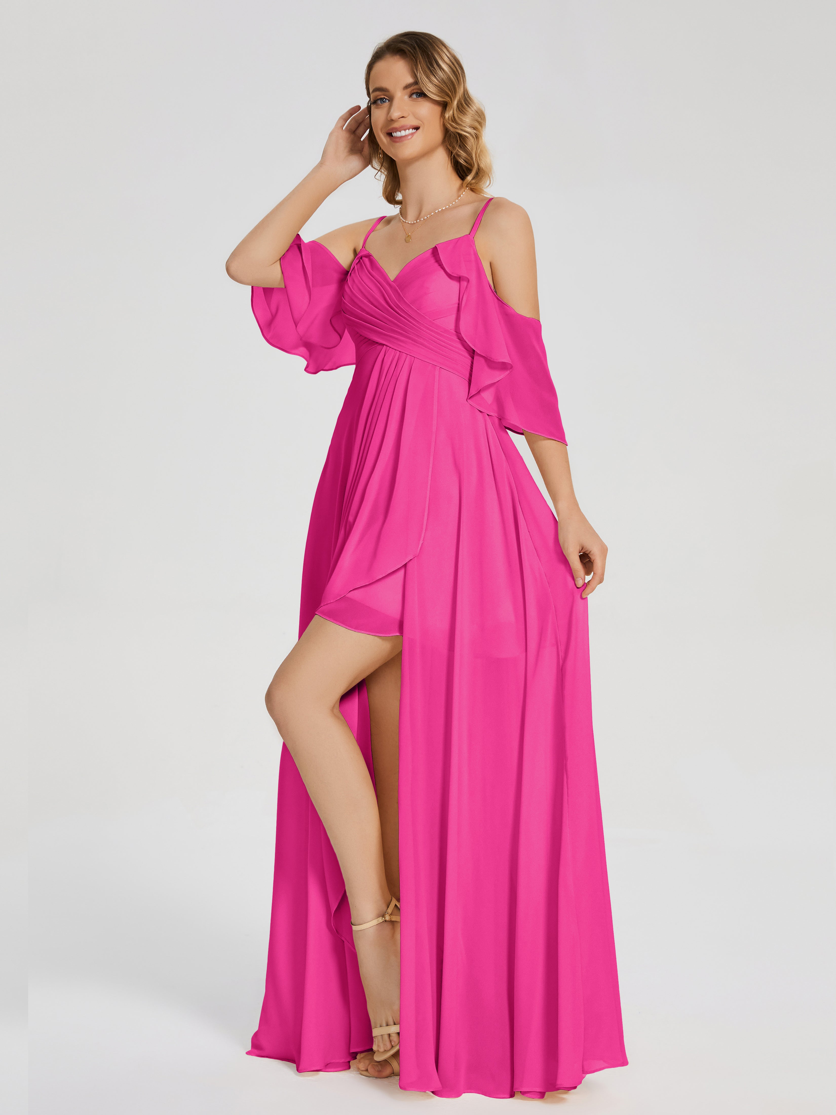 Robes De Demoiselle D'Honneur Rose Fuchsia Asymétrique Hors-La-Épaule Mousseline Robes Demoiselle D'Honneur