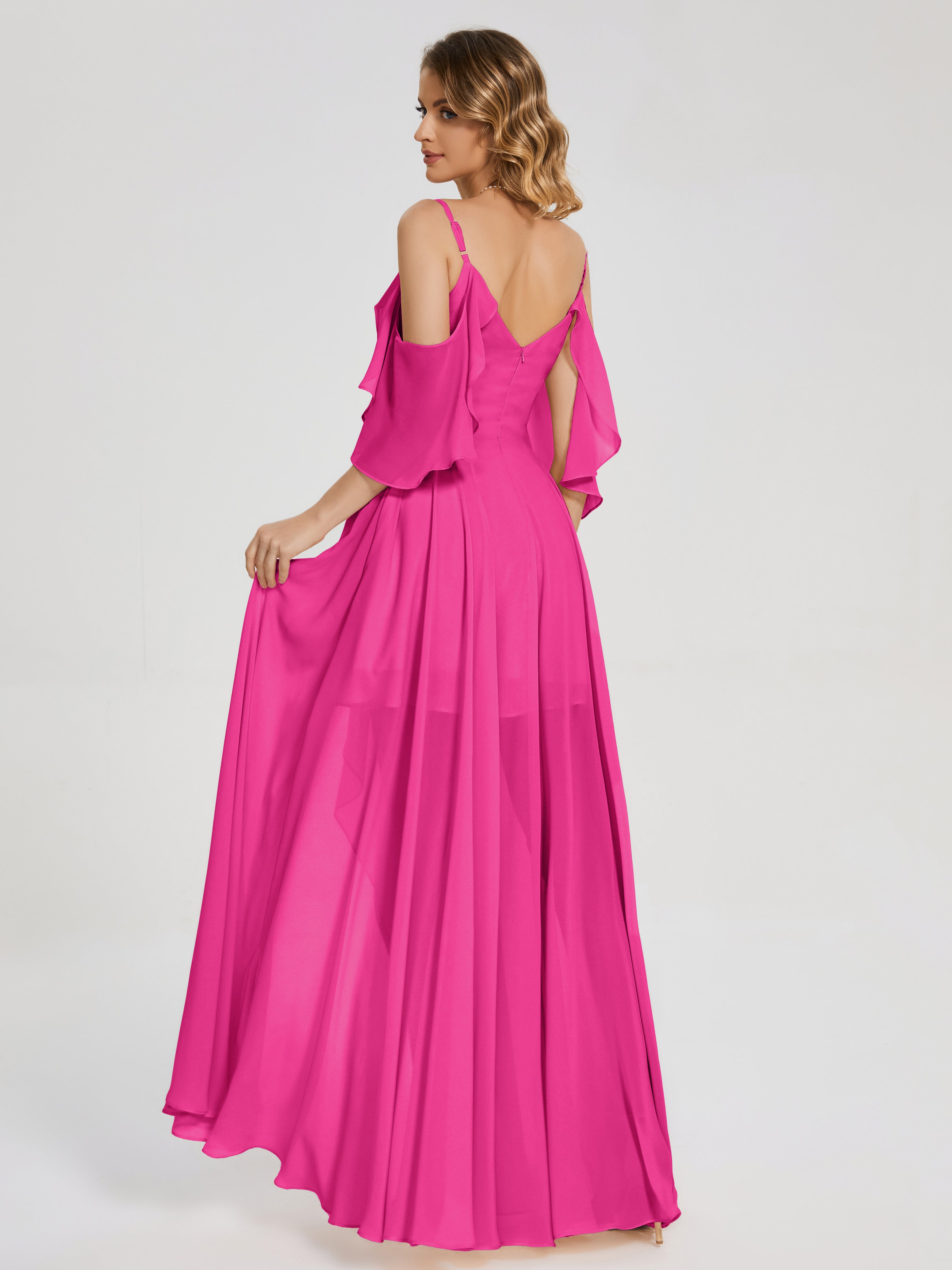 Robes De Demoiselle D'Honneur Rose Fuchsia Asymétrique Hors-La-Épaule Mousseline Robes Demoiselle D'Honneur