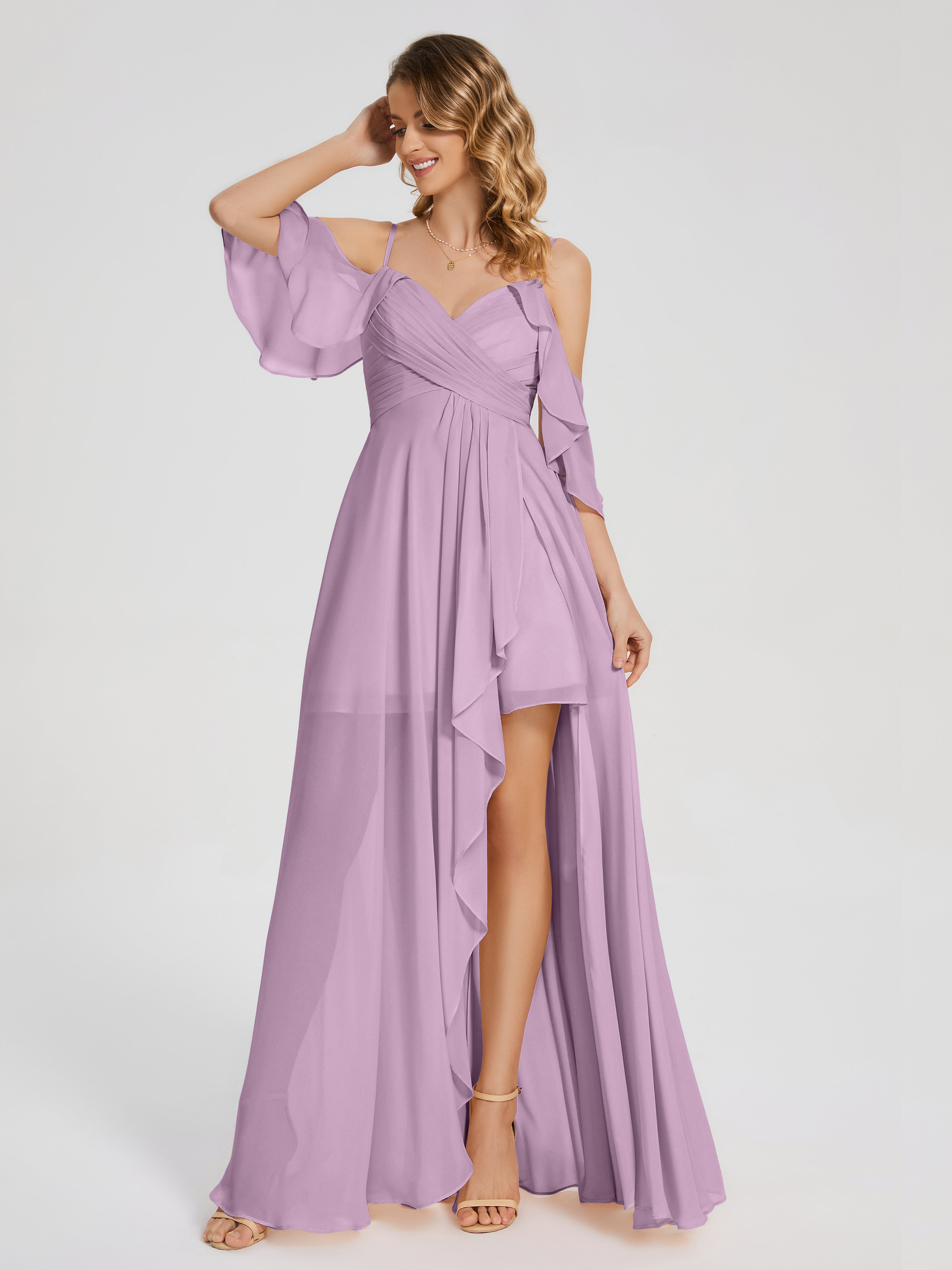 Robes De Demoiselle D'Honneur Glycine Asymétrique Hors-La-Épaule Mousseline Robes Demoiselle D'Honneur