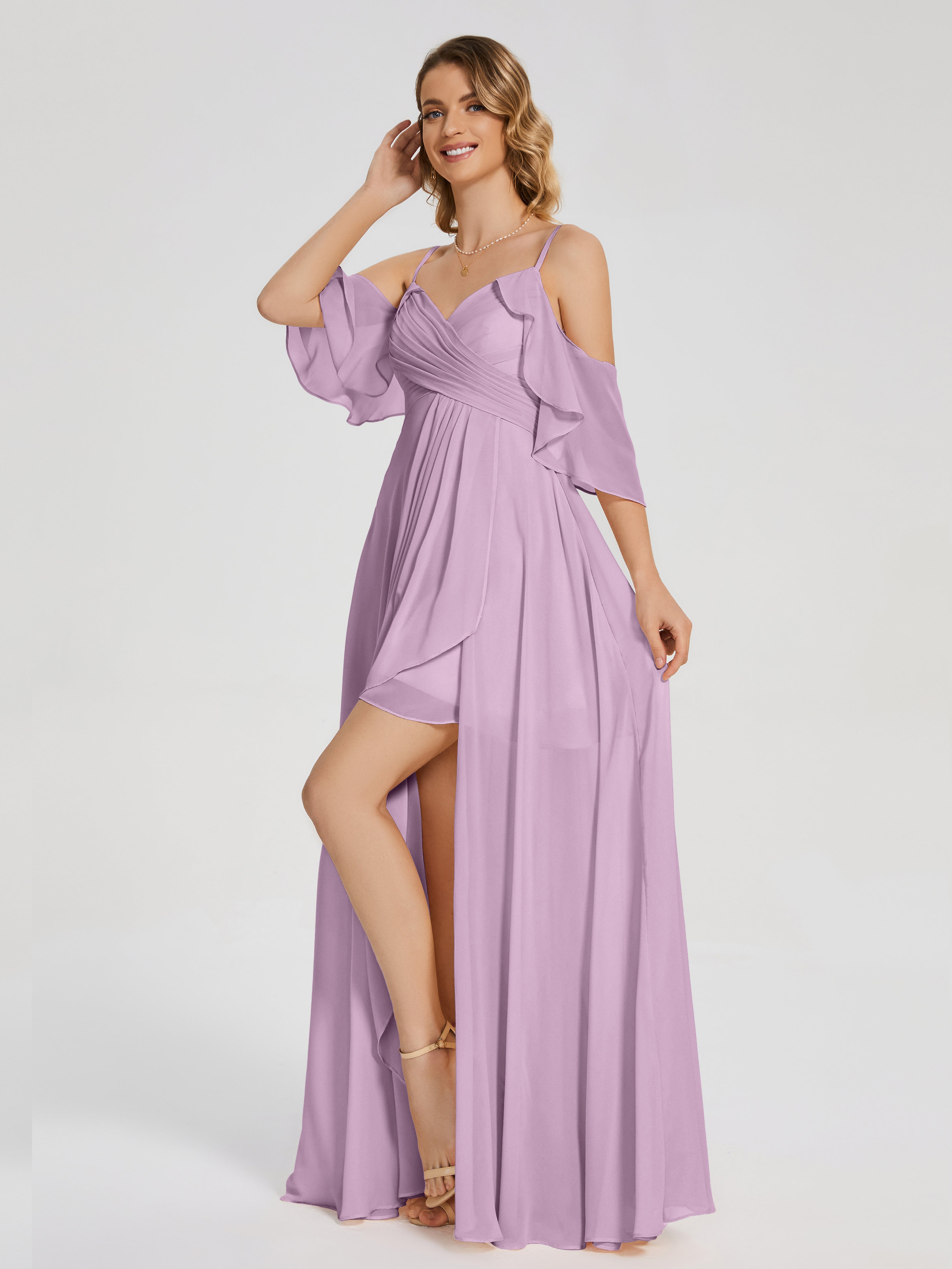 Robes De Demoiselle D'Honneur Glycine Asymétrique Hors-La-Épaule Mousseline Robes Demoiselle D'Honneur