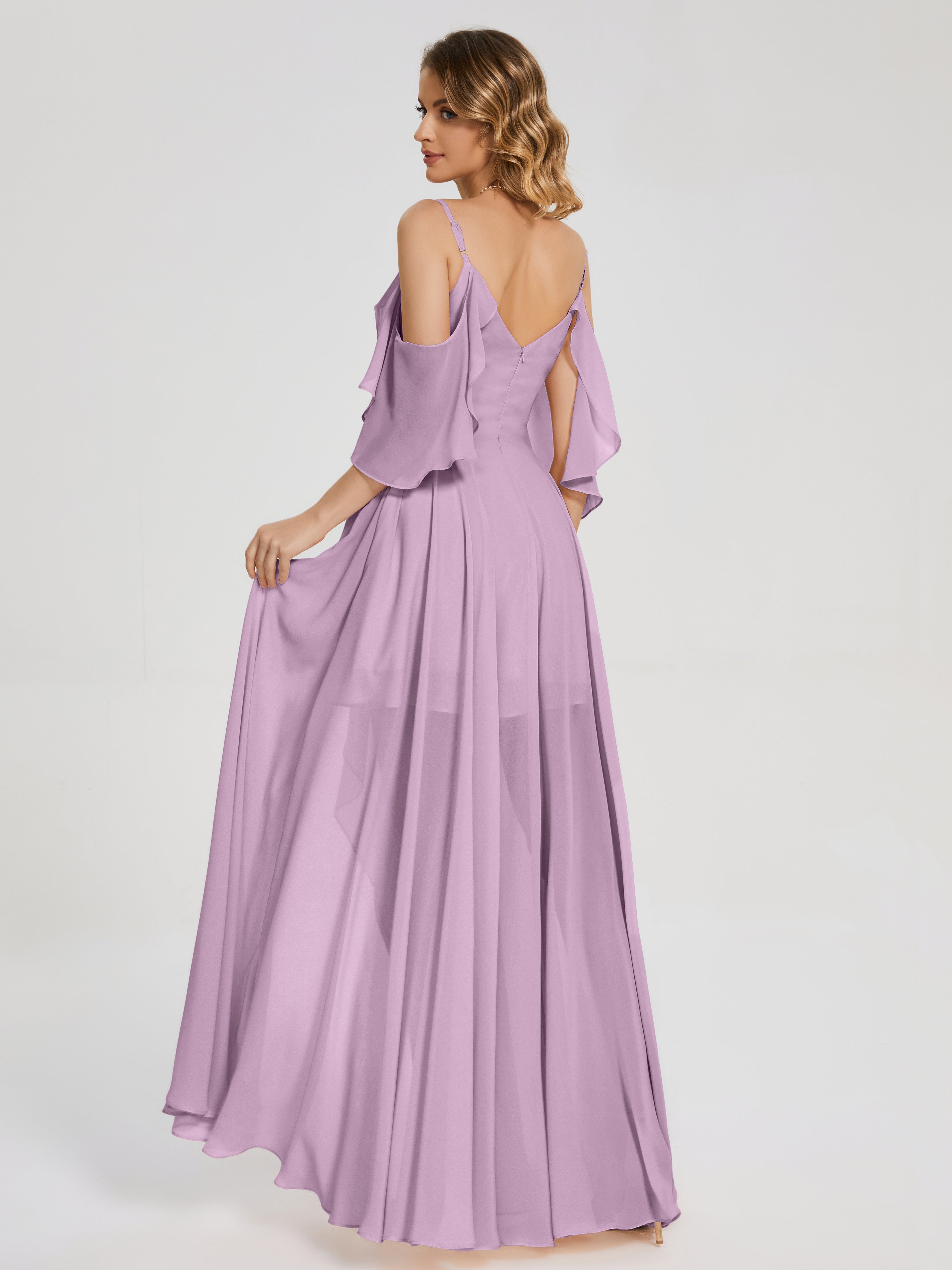 Robes De Demoiselle D'Honneur Glycine Asymétrique Hors-La-Épaule Mousseline Robes Demoiselle D'Honneur