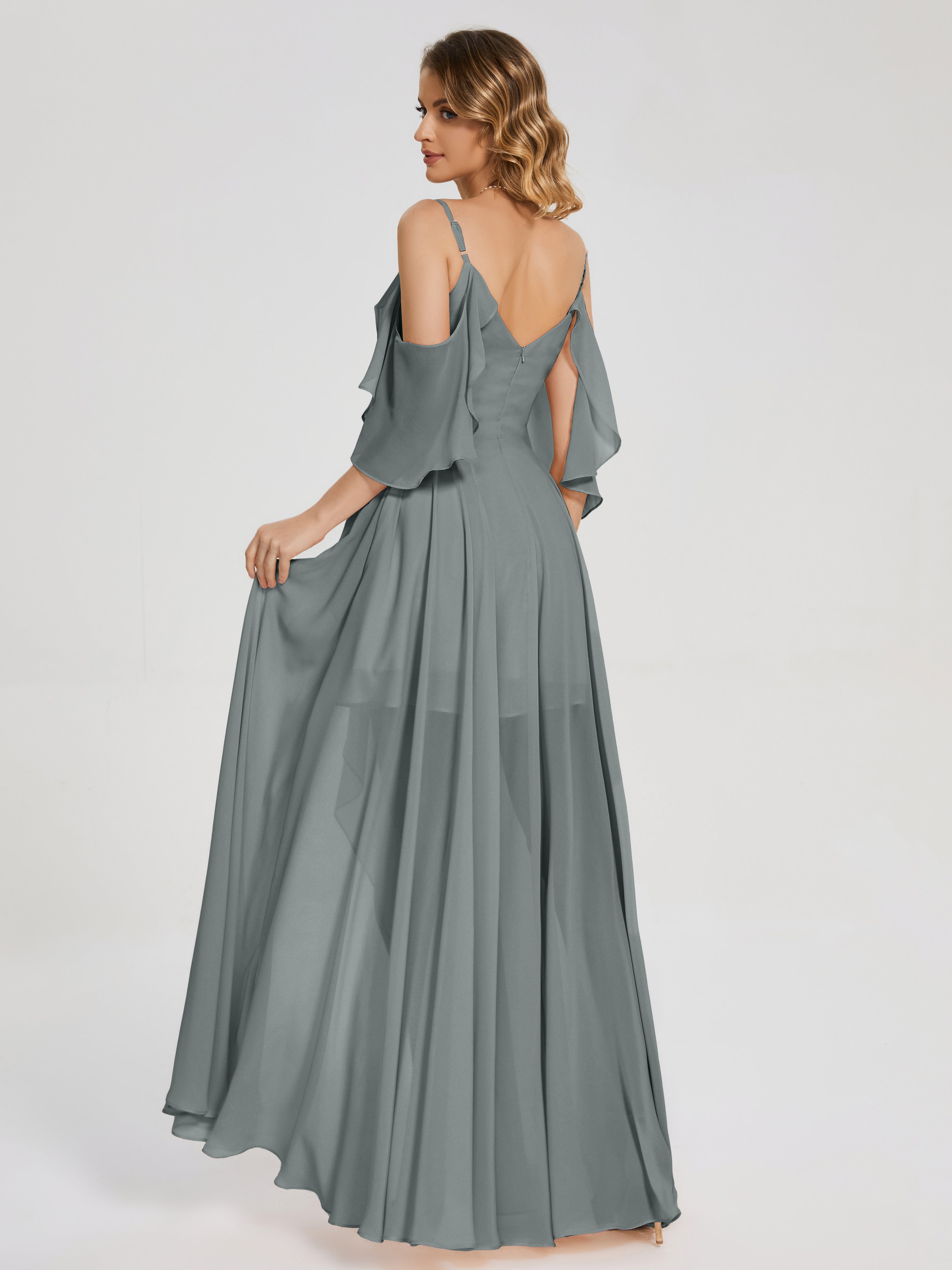Robes De Demoiselle D'Honneur Gris Argenté Asymétrique Hors-La-Épaule Mousseline Robes Demoiselle D'Honneur