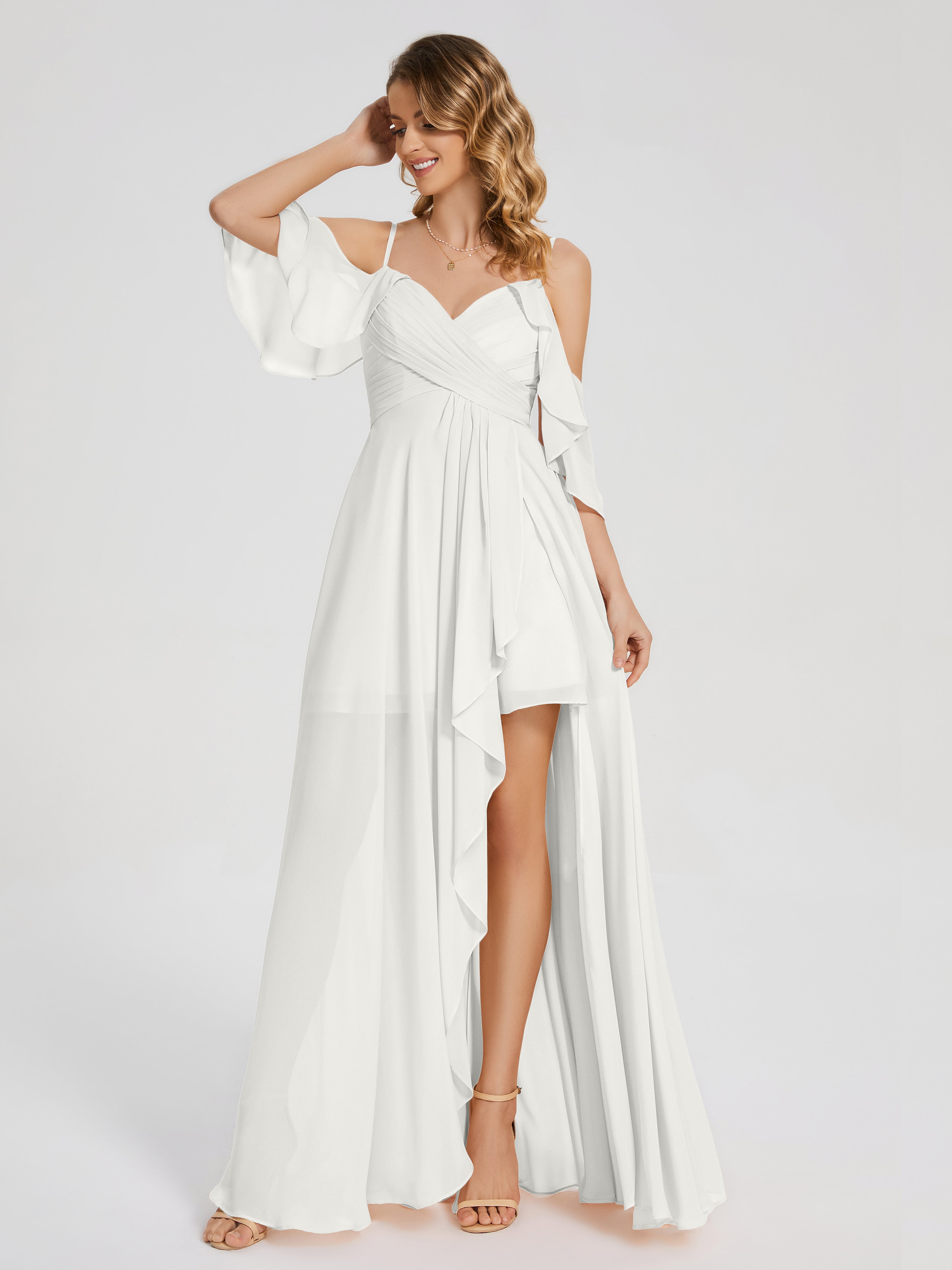 Robes De Demoiselle D'Honneur Ivoire Asymétrique Hors-La-Épaule Mousseline Robes Demoiselle D'Honneur