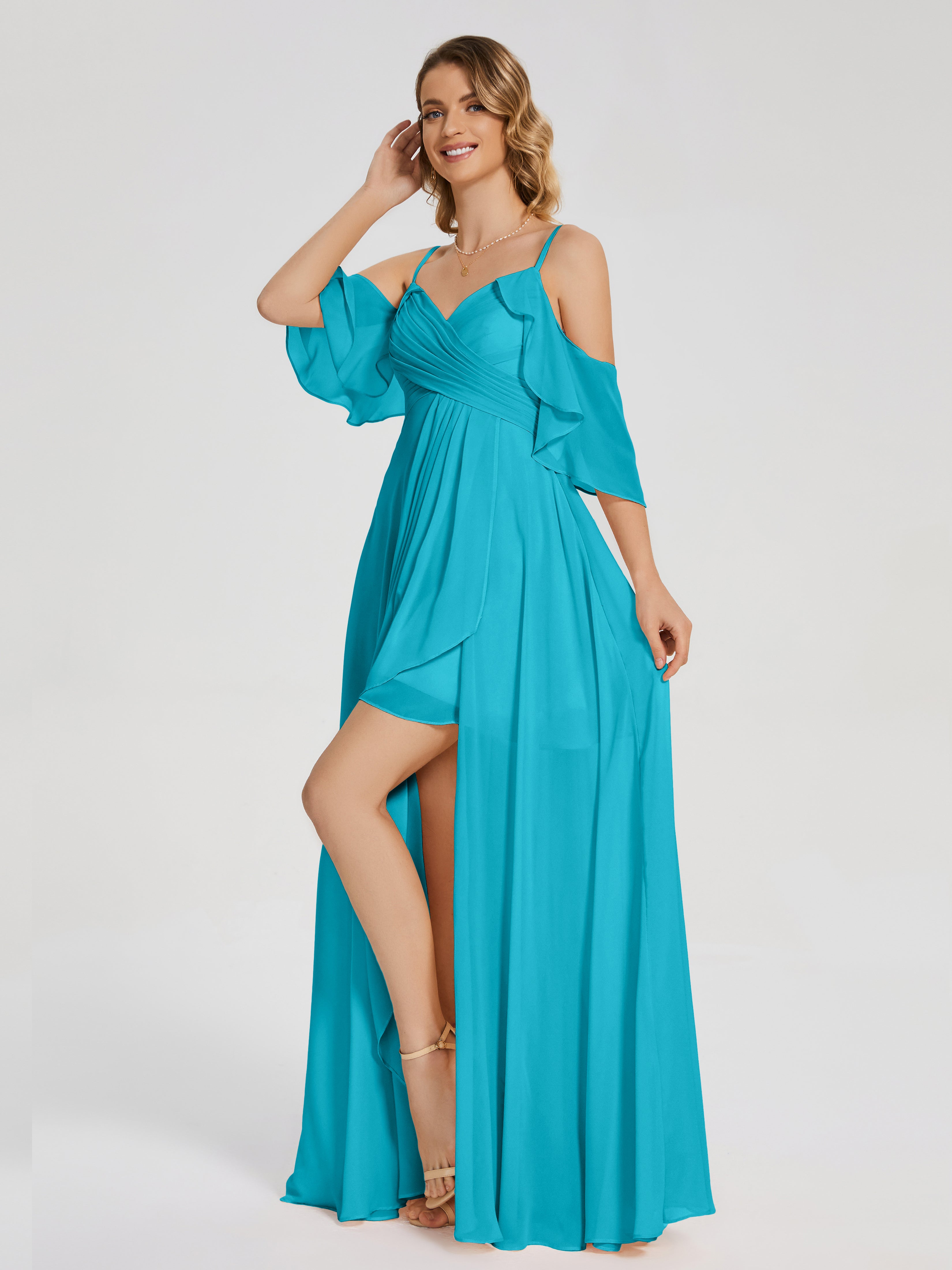 Robes De Demoiselle D'Honneur Vert Jade Asymétrique Hors-La-Épaule Mousseline Robes Demoiselle D'Honneur