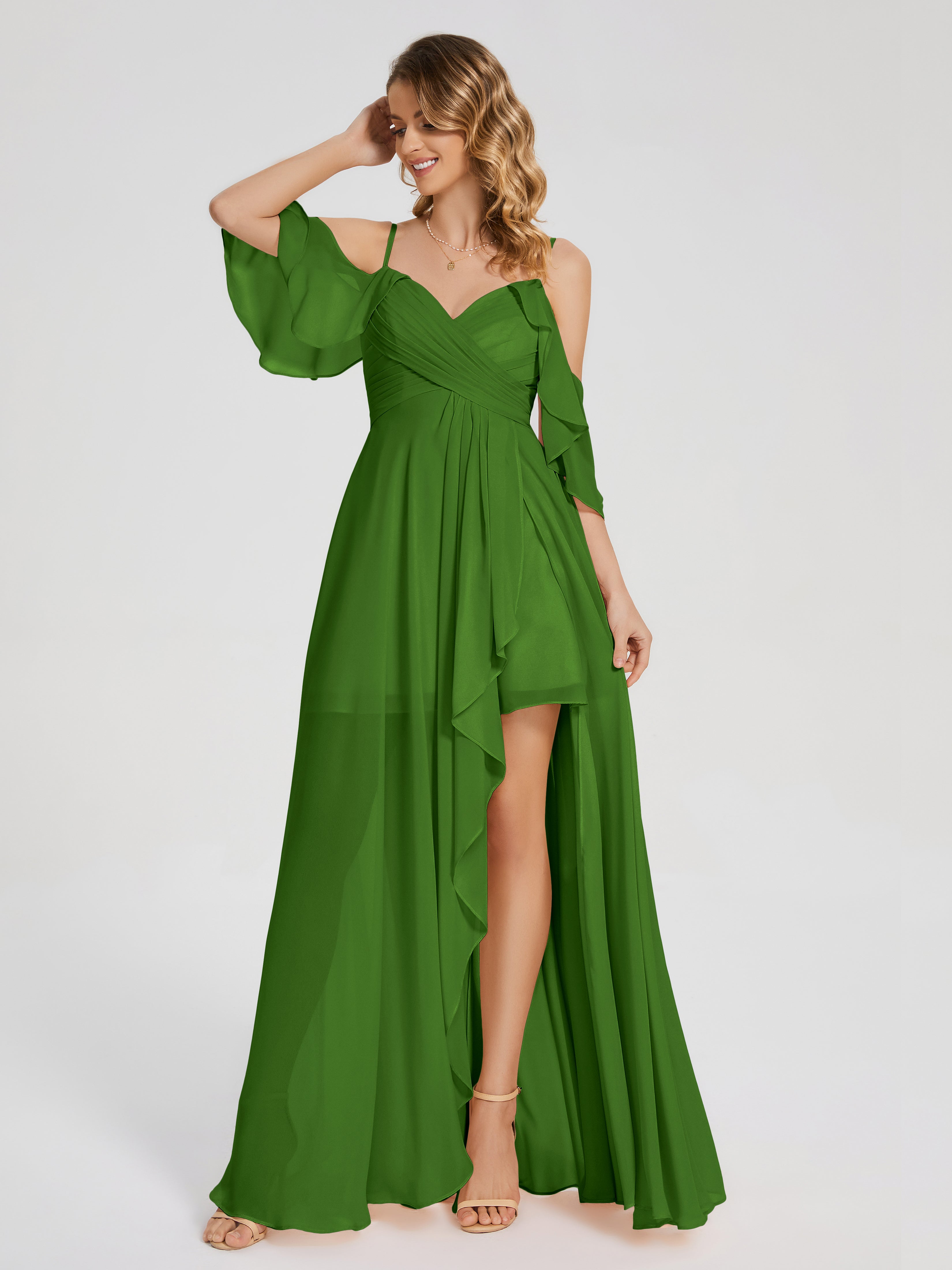 Robes De Demoiselle D'Honneur Vert Mousse Asymétrique Hors-La-Épaule Mousseline Robes Demoiselle D'Honneur
