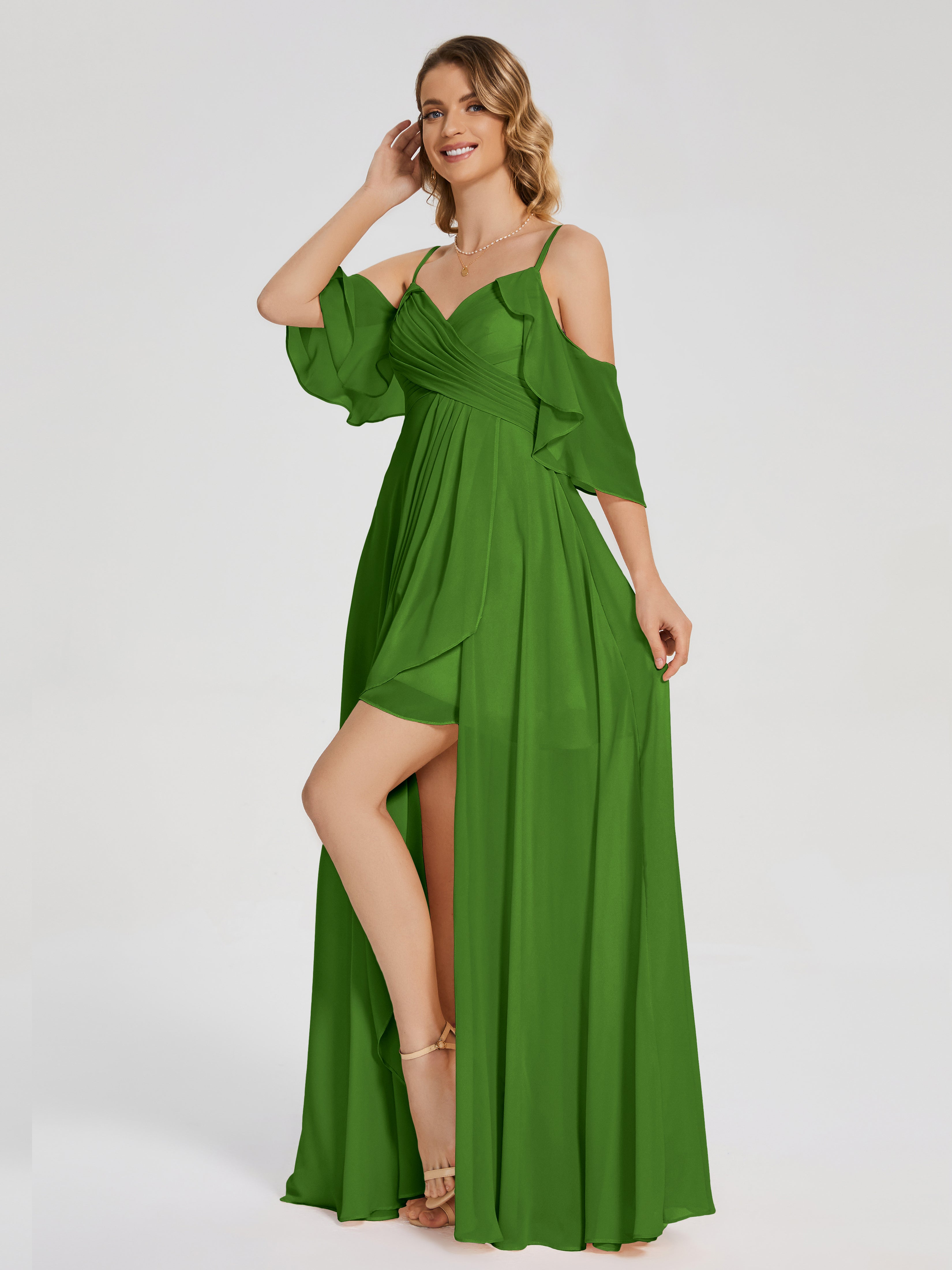 Robes De Demoiselle D'Honneur Vert Mousse Asymétrique Hors-La-Épaule Mousseline Robes Demoiselle D'Honneur