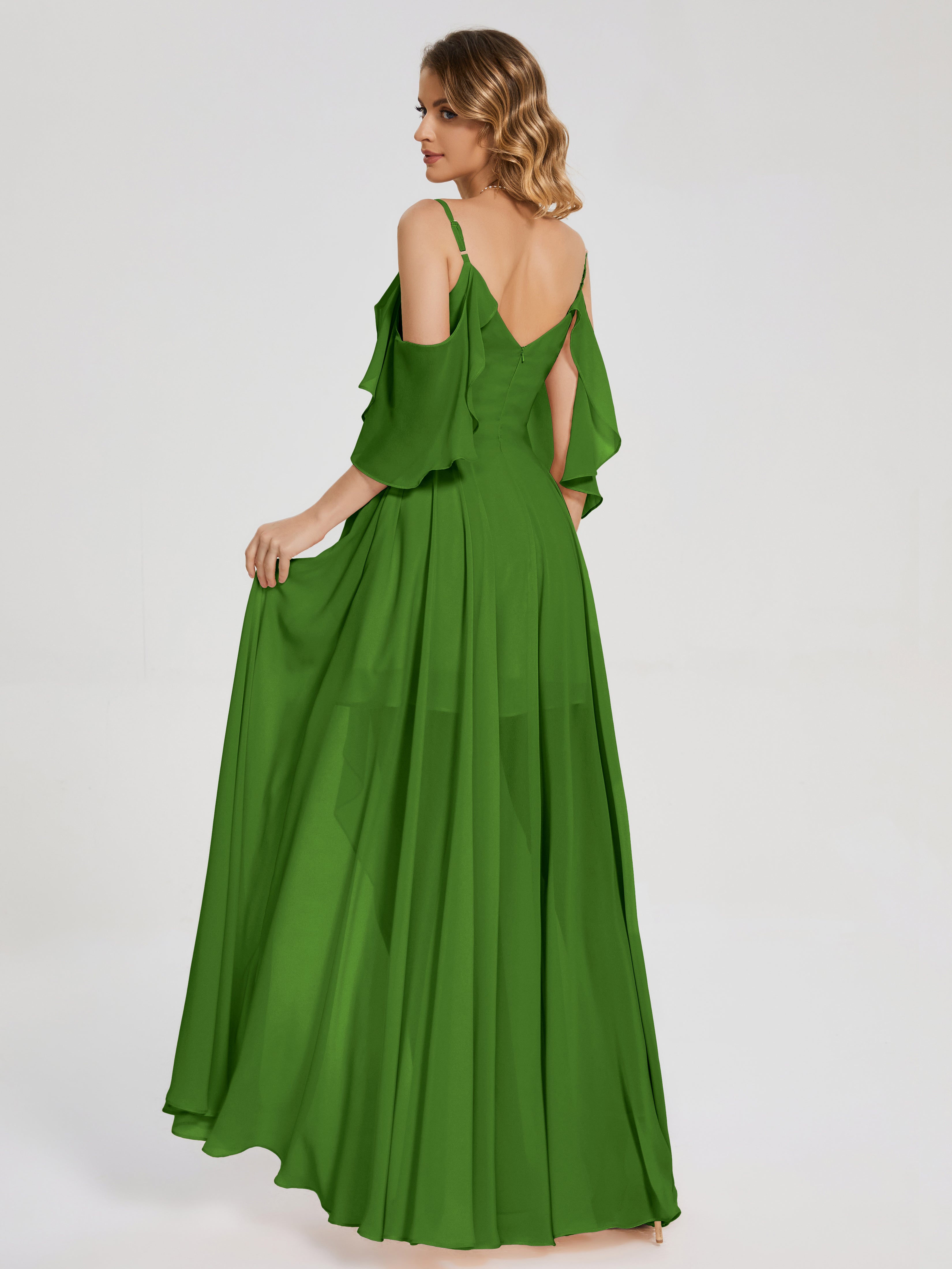 Robes De Demoiselle D'Honneur Vert Mousse Asymétrique Hors-La-Épaule Mousseline Robes Demoiselle D'Honneur