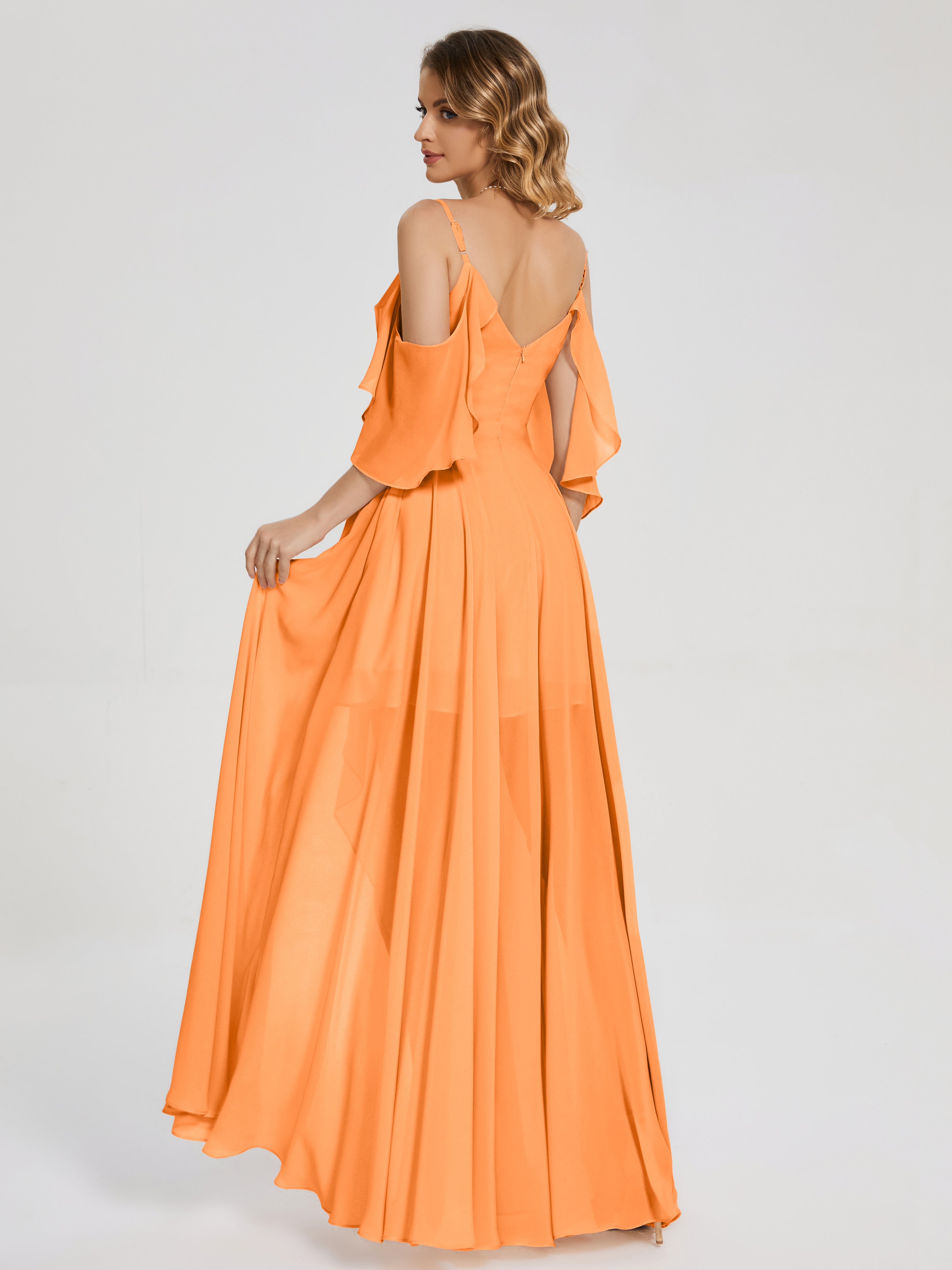 Robe Mousseline Orange Asymétrique Hors-La-Épaule Mousseline Robes Demoiselle D'Honneur