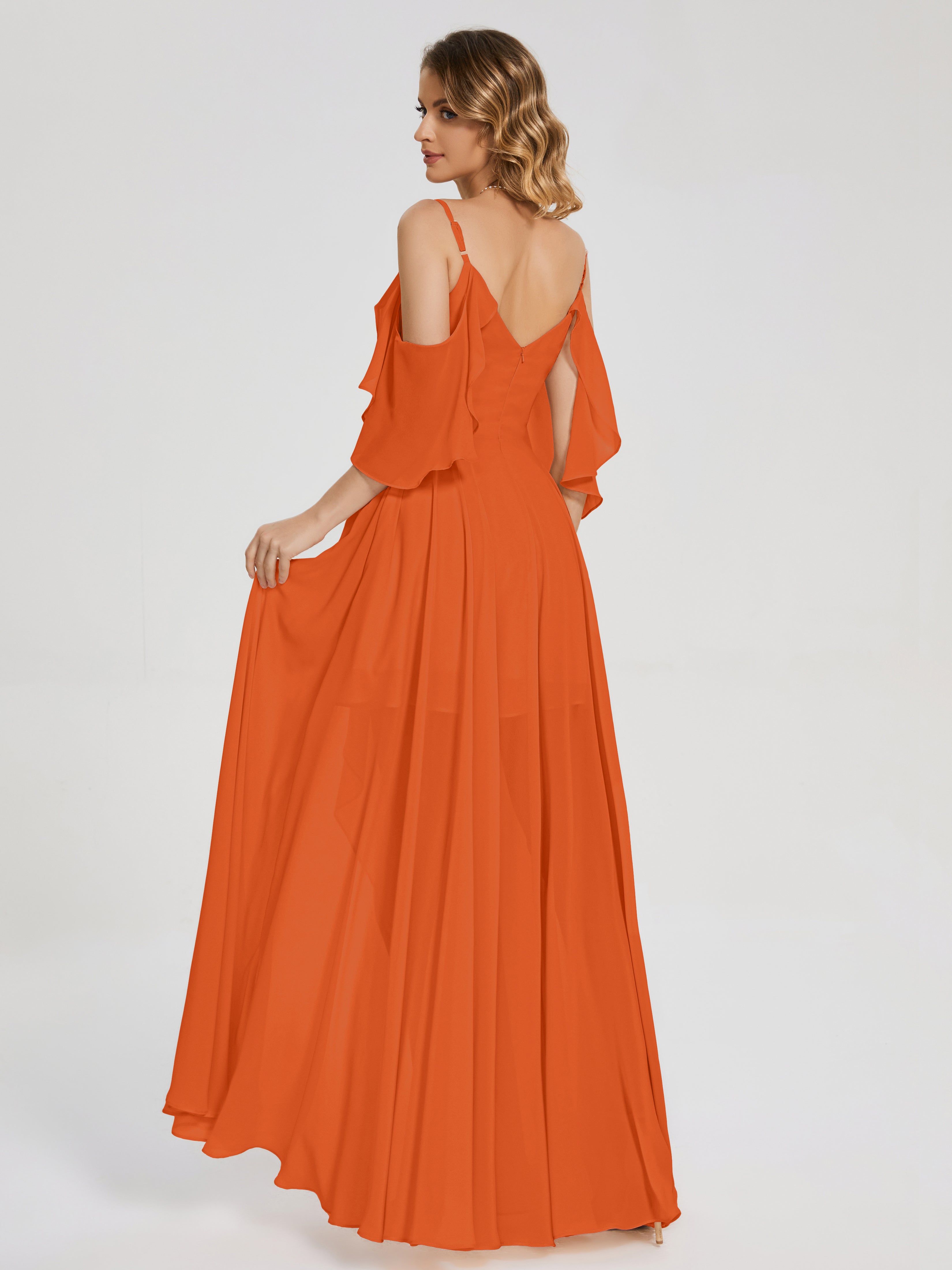 Robes De Demoiselle D'Honneur Orange Brûlé Asymétrique Hors-La-Épaule Mousseline Robes Demoiselle D'Honneur