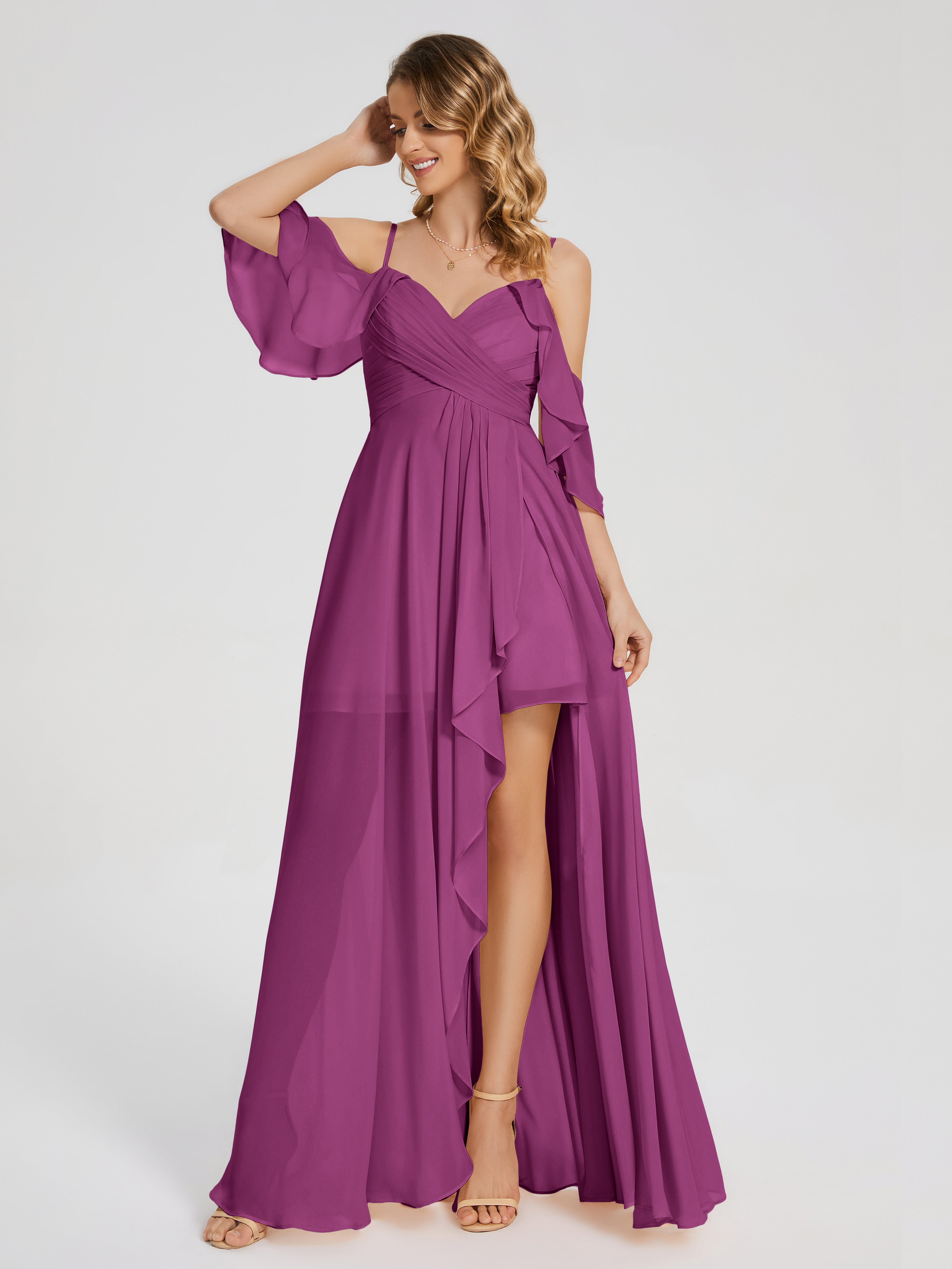 Robes De Demoiselle D'Honneur Orchidée Asymétrique Hors-La-Épaule Mousseline Robes Demoiselle D'Honneur