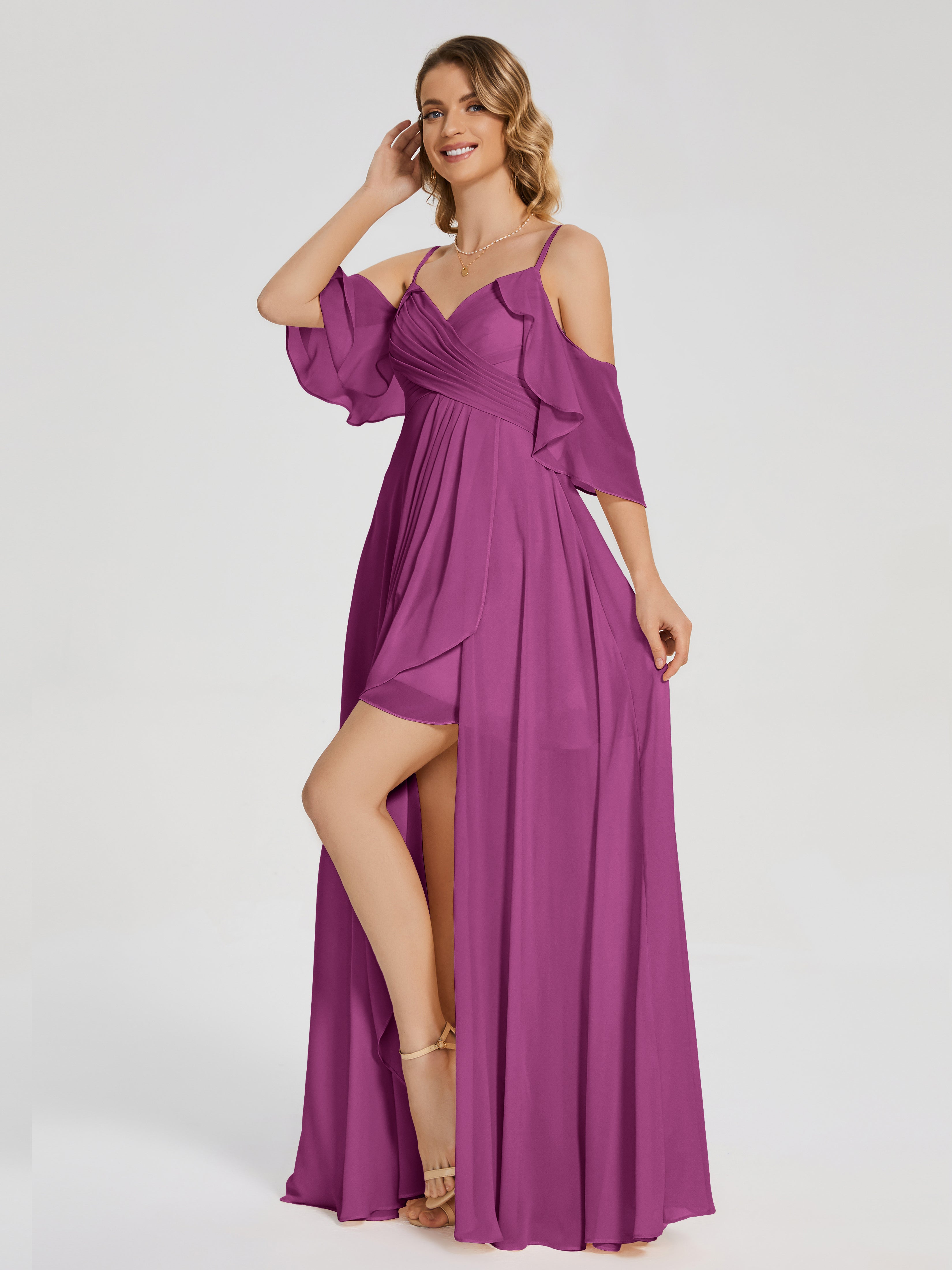 Robes De Demoiselle D'Honneur Orchidée Asymétrique Hors-La-Épaule Mousseline Robes Demoiselle D'Honneur