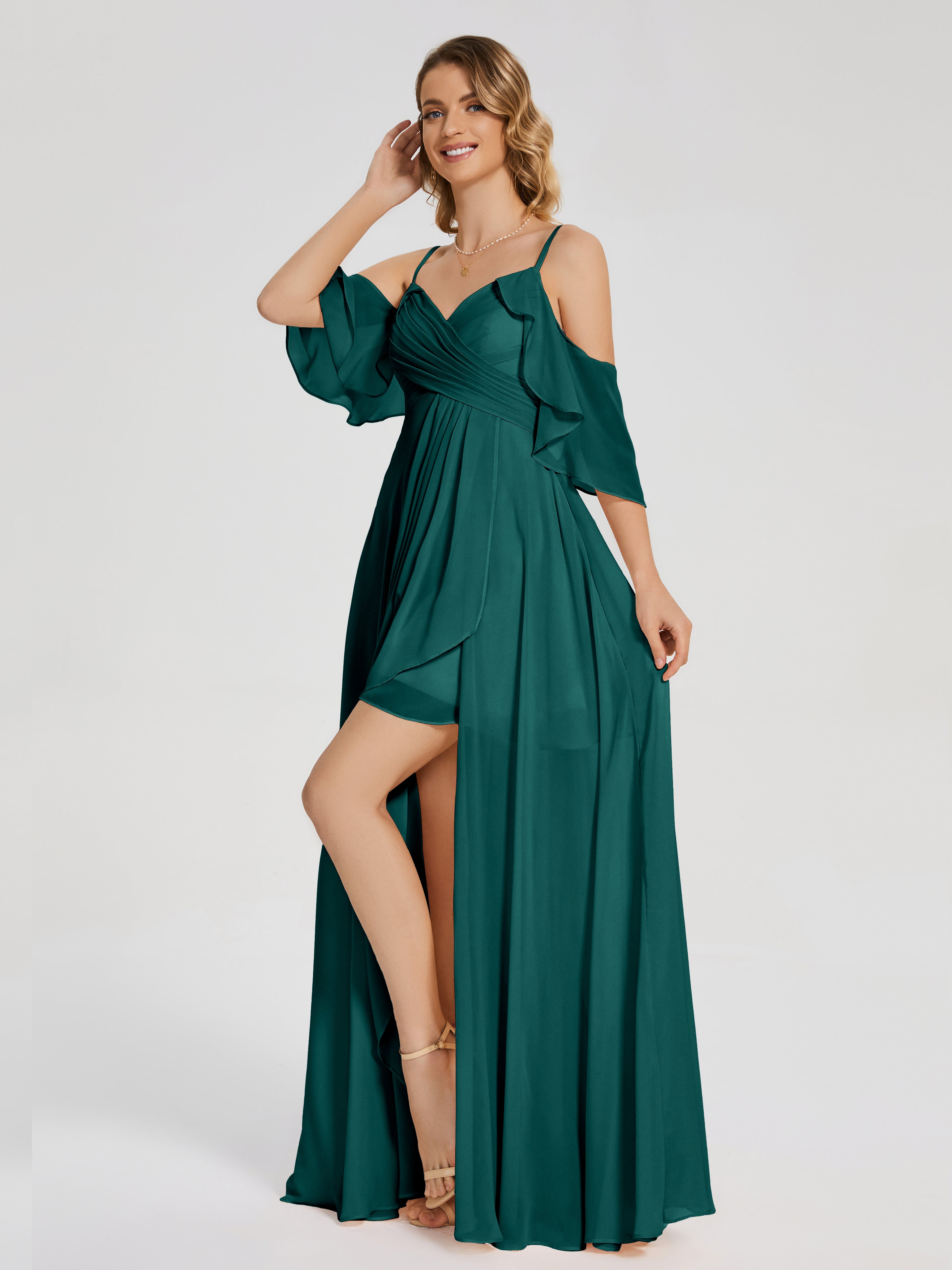 Robes De Demoiselle D'Honneur Couleur Paon Asymétrique Hors-La-Épaule Mousseline Robes Demoiselle D'Honneur