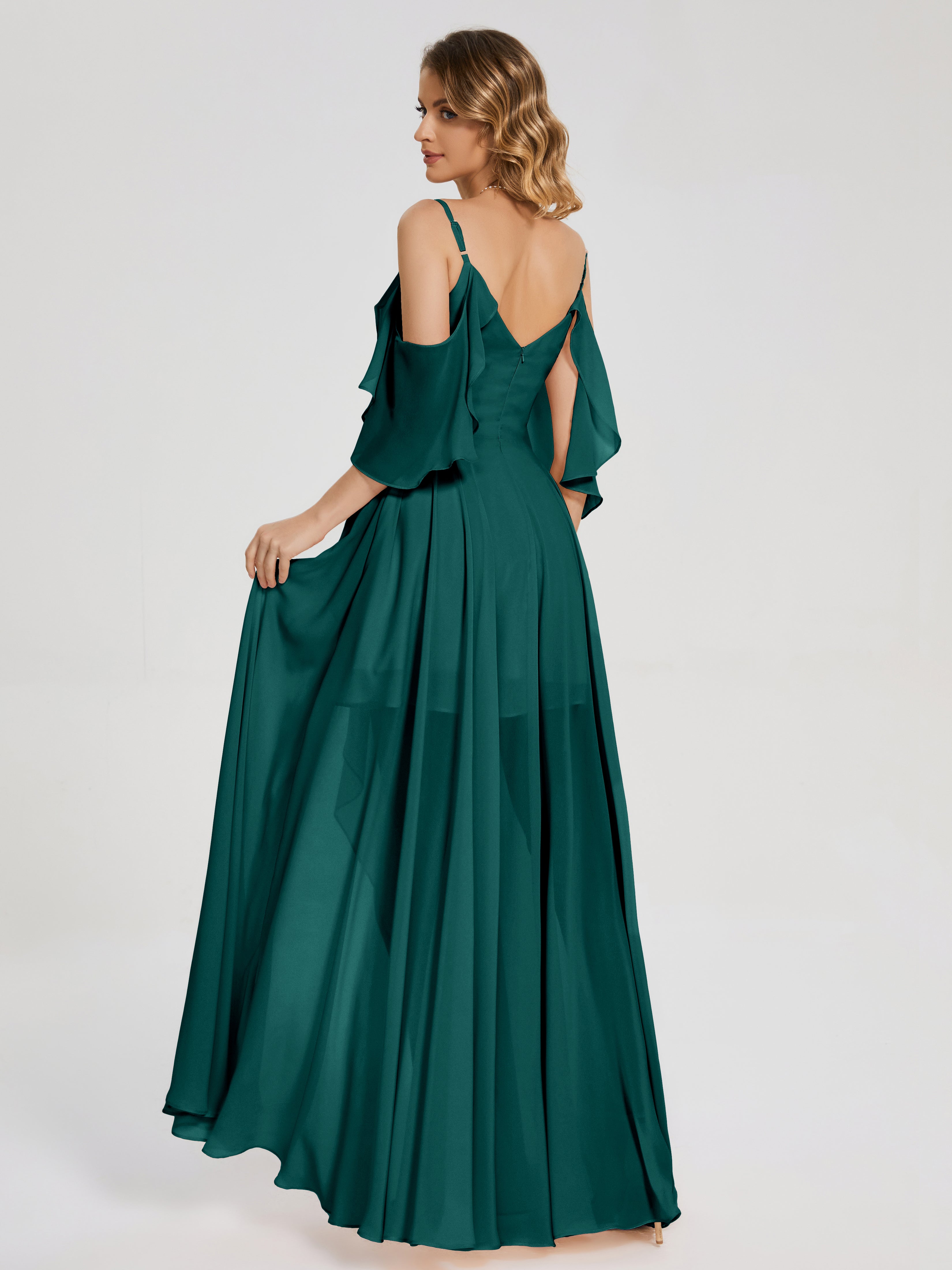 Robes De Demoiselle D'Honneur Couleur Paon Asymétrique Hors-La-Épaule Mousseline Robes Demoiselle D'Honneur