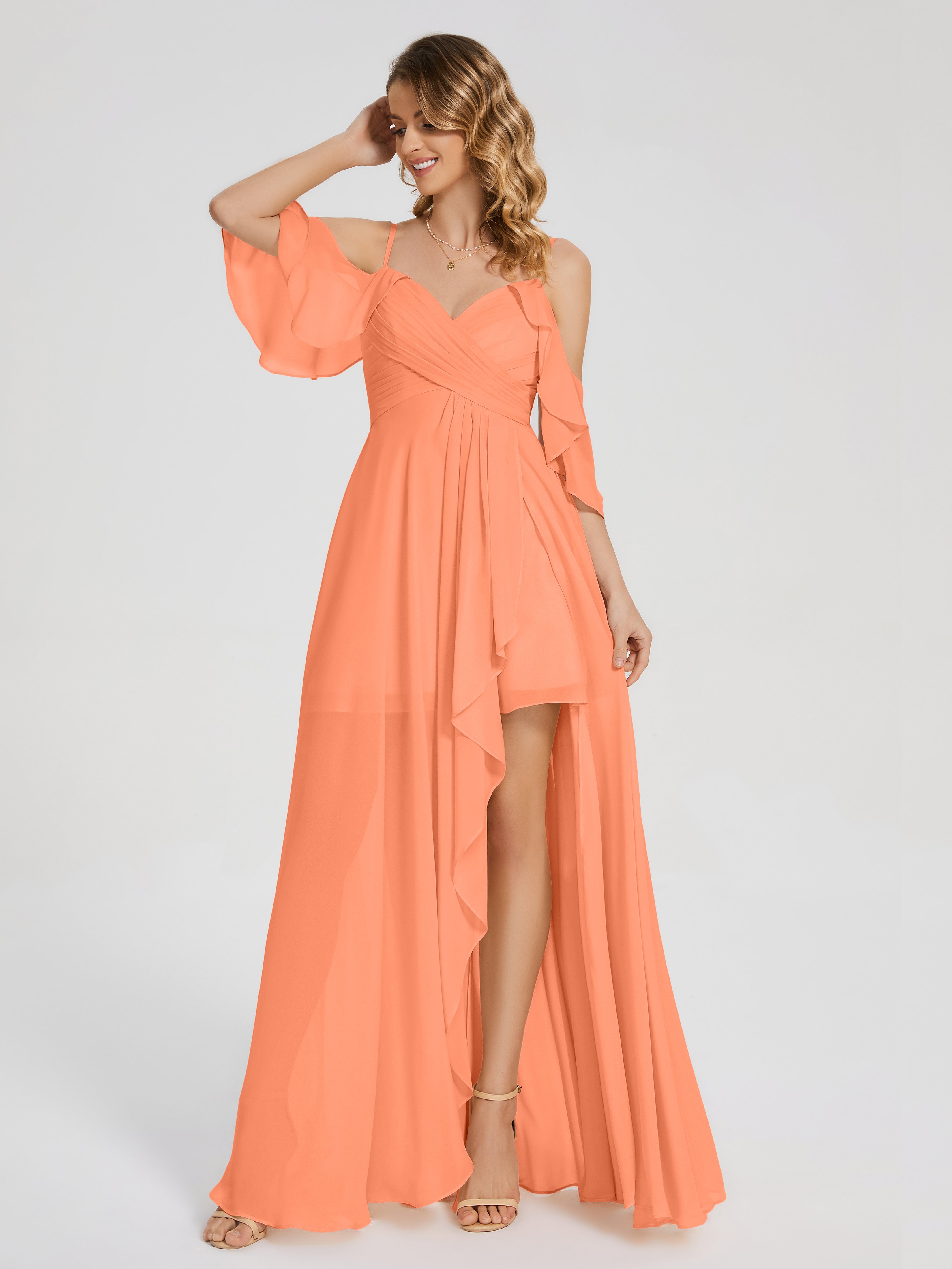 Robes De Demoiselle D'Honneur Papaye Asymétrique Hors-La-Épaule Mousseline Robes Demoiselle D'Honneur