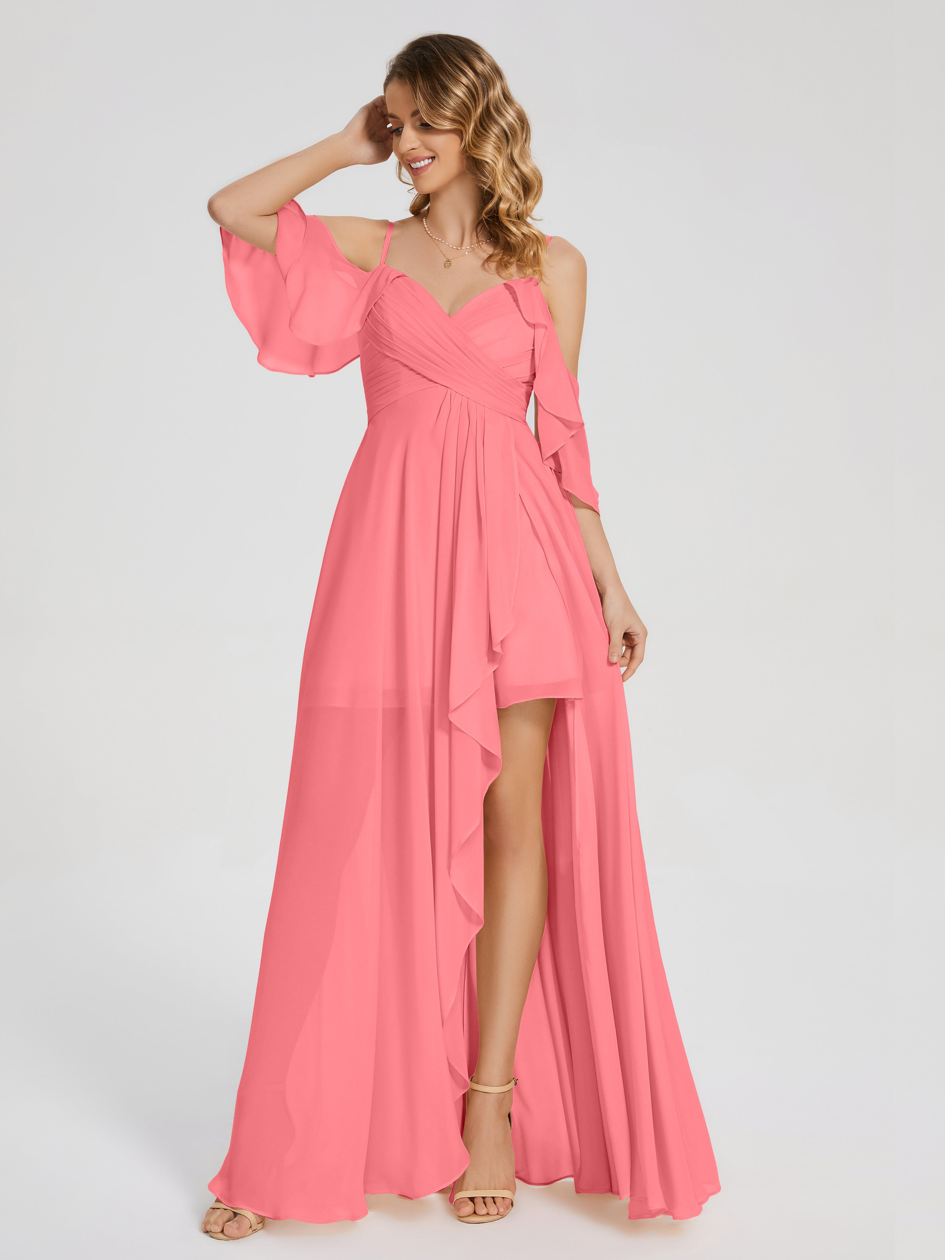 Robes De Demoiselle D'Honneur Pastèque Asymétrique Hors-La-Épaule Mousseline Robes Demoiselle D'Honneur