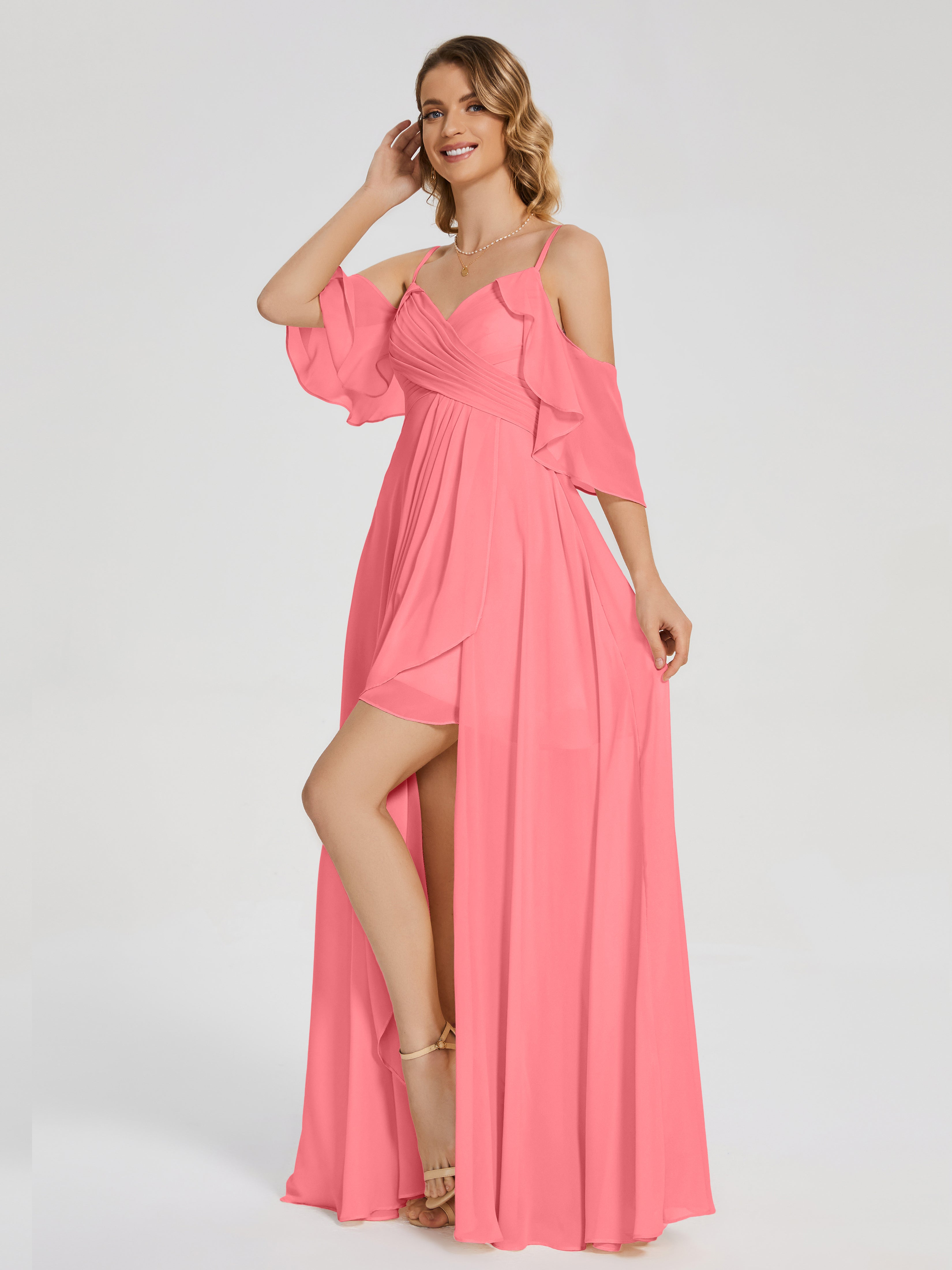 Robes De Demoiselle D'Honneur Pastèque Asymétrique Hors-La-Épaule Mousseline Robes Demoiselle D'Honneur