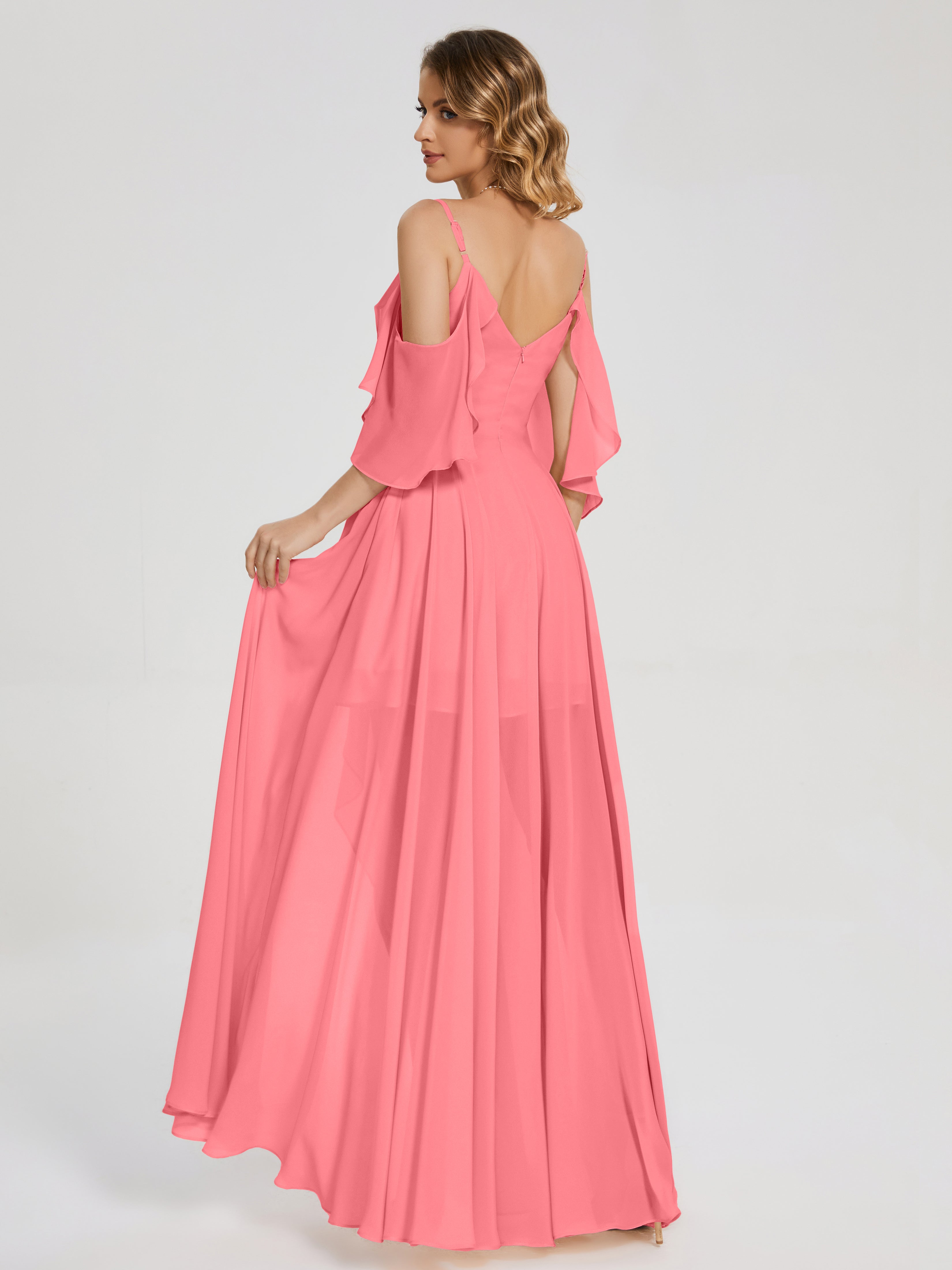 Robes De Demoiselle D'Honneur Pastèque Asymétrique Hors-La-Épaule Mousseline Robes Demoiselle D'Honneur
