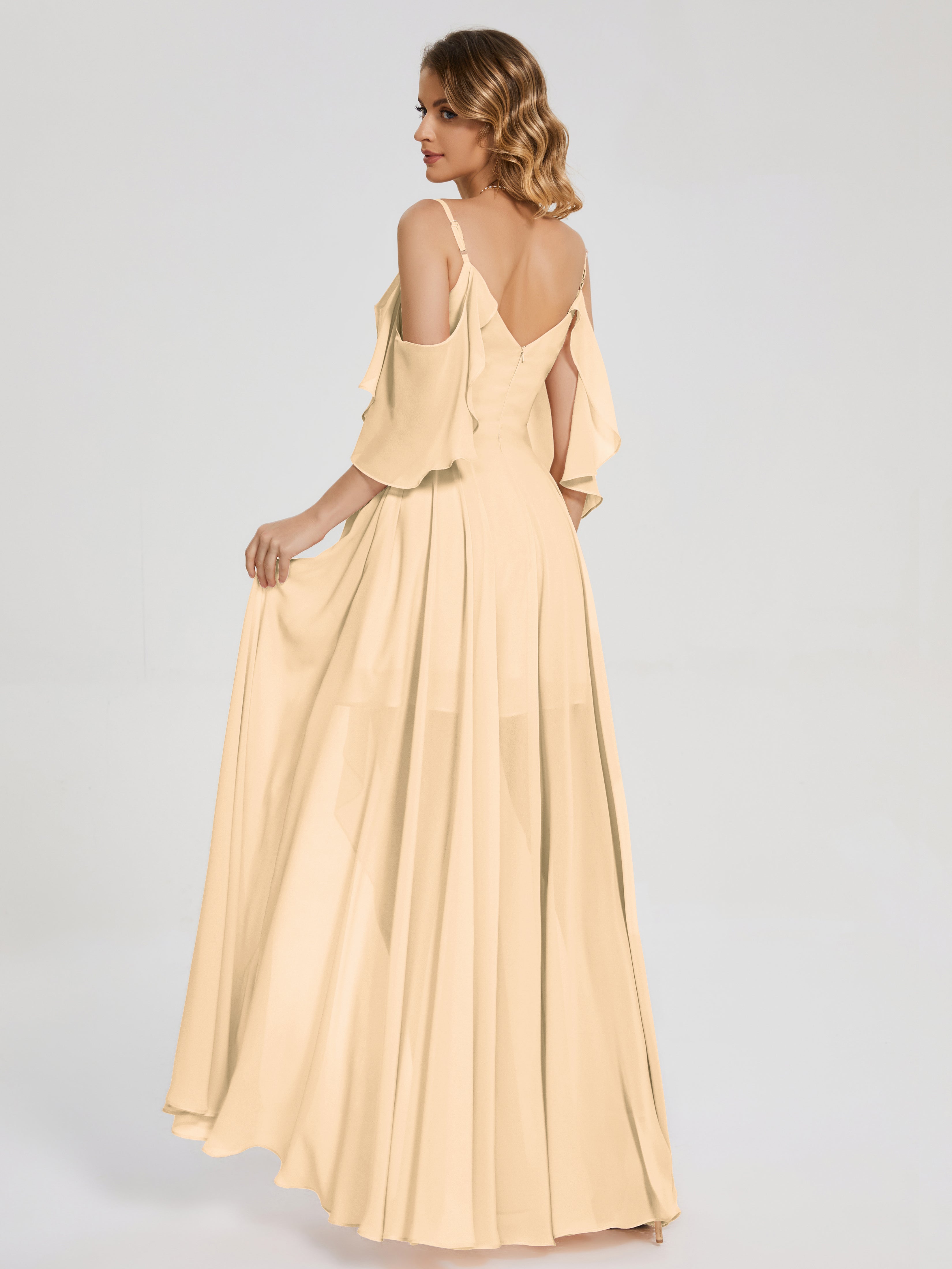 Robes De Demoiselle D'Honneur Pêche Asymétrique Hors-La-Épaule Mousseline Robes Demoiselle D'Honneur