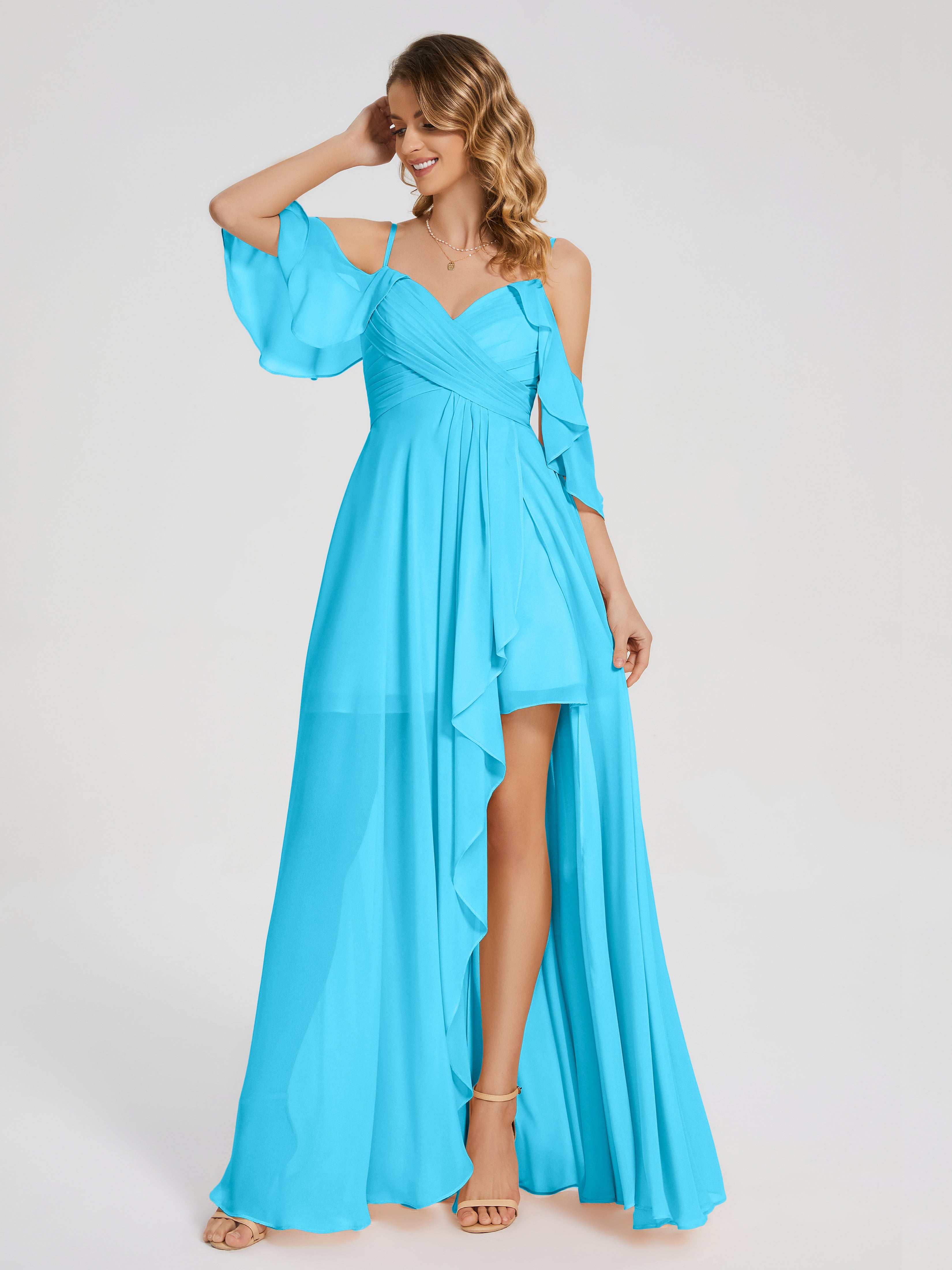 Robe De Demoiselle D'Honneur En Piscine Asymétrique Hors-La-Épaule Mousseline Robes Demoiselle D'Honneur