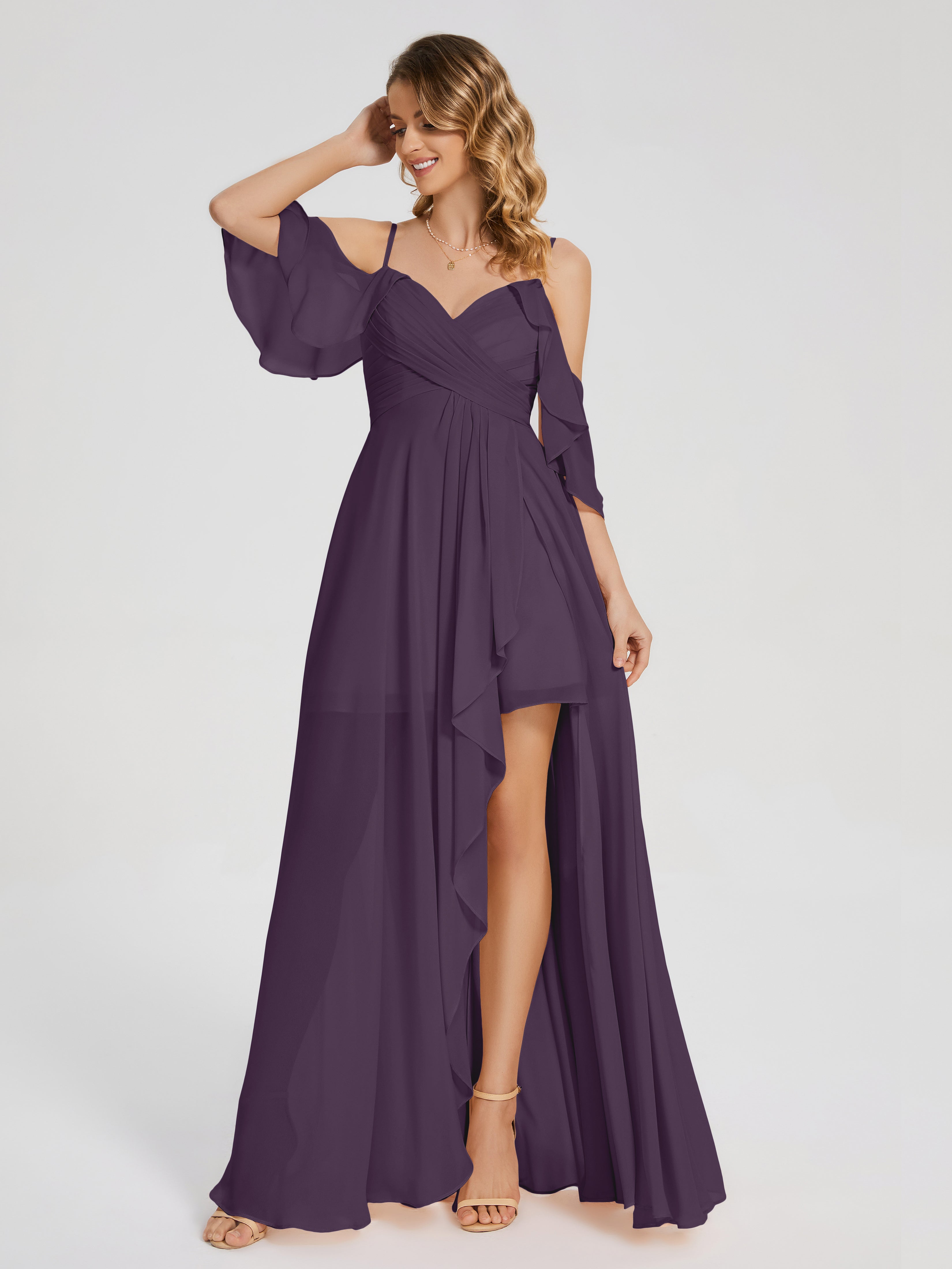Robe De Demoiselle D'Honneur En Plum Asymétrique Hors-La-Épaule Mousseline Robes Demoiselle D'Honneur