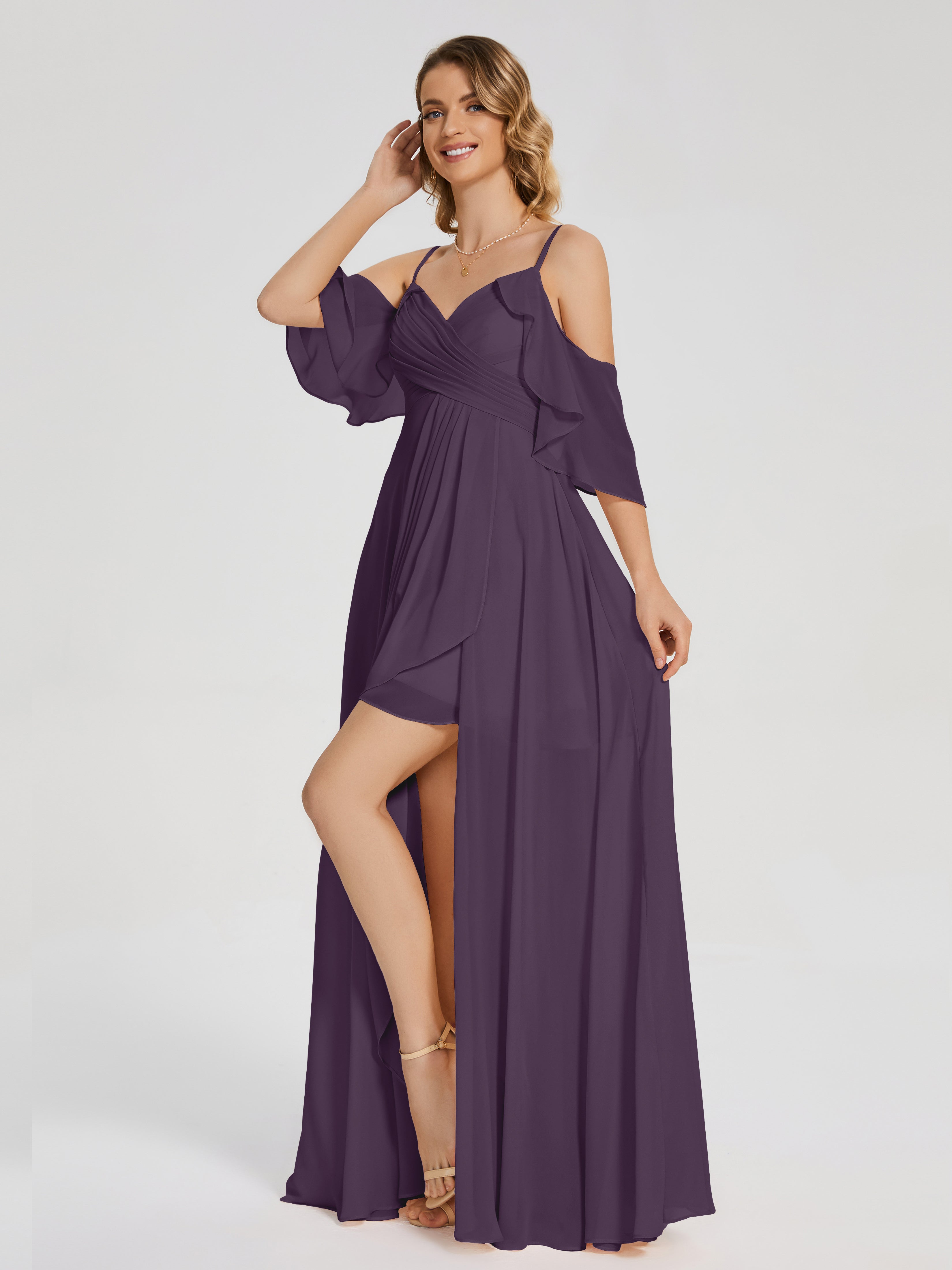 Robe De Demoiselle D'Honneur En Plum Asymétrique Hors-La-Épaule Mousseline Robes Demoiselle D'Honneur