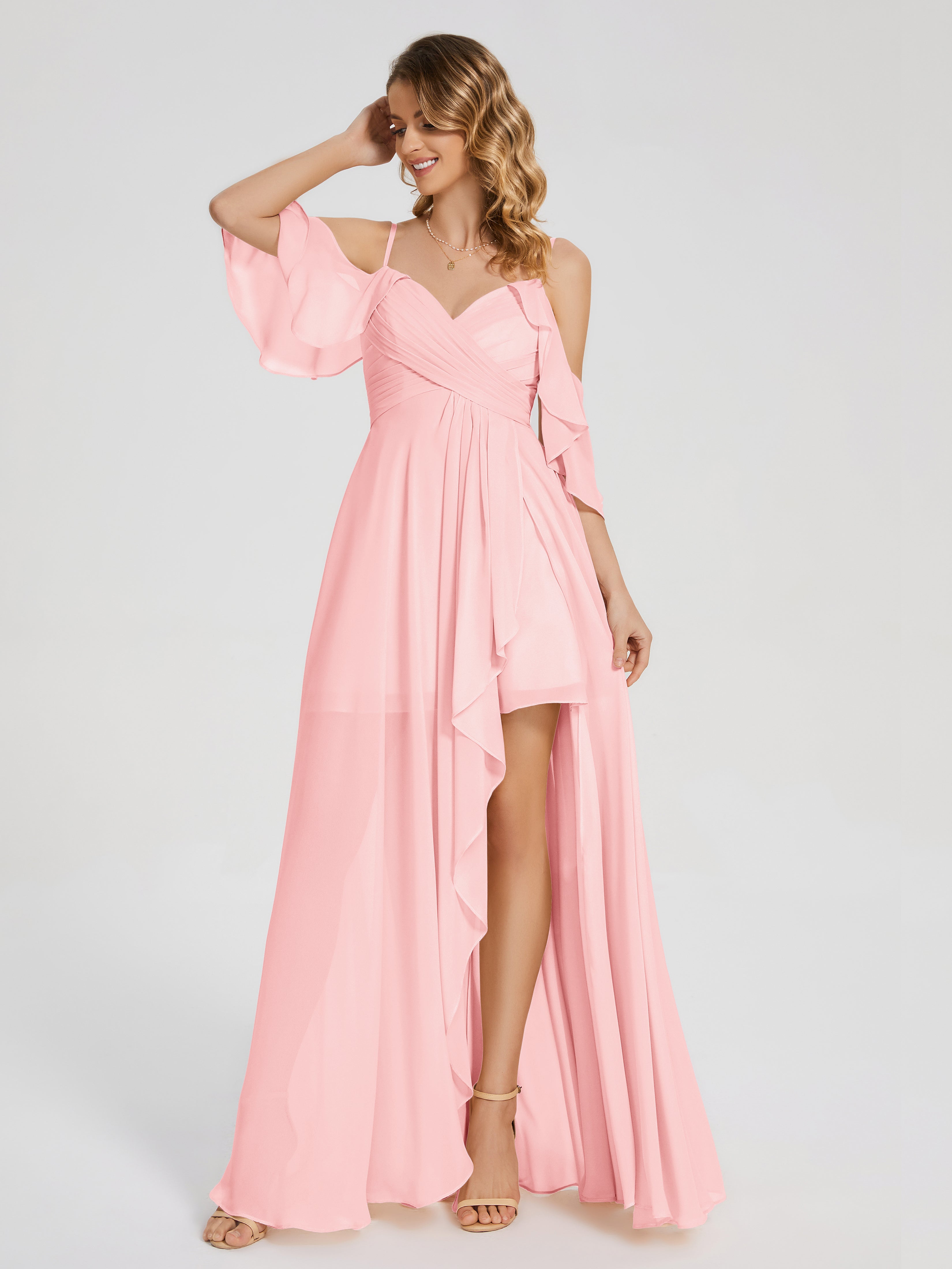 Robes De Demoiselle D'Honneur Rose Du Désert Asymétrique Hors-La-Épaule Mousseline Robes Demoiselle D'Honneur