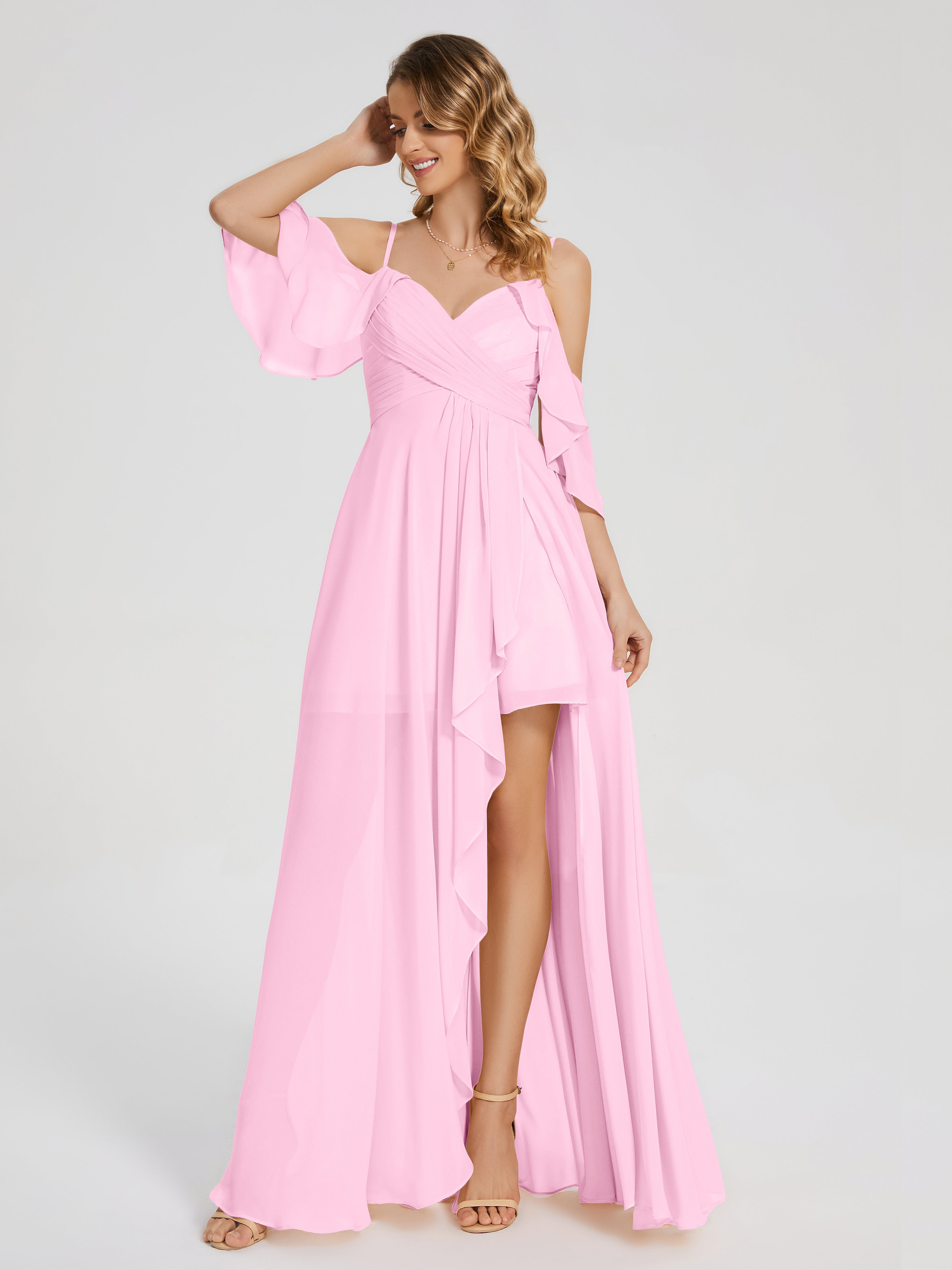 Robes De Demoiselle D'Honneur Rose Bonbon Asymétrique Hors-La-Épaule Mousseline Robes Demoiselle D'Honneur