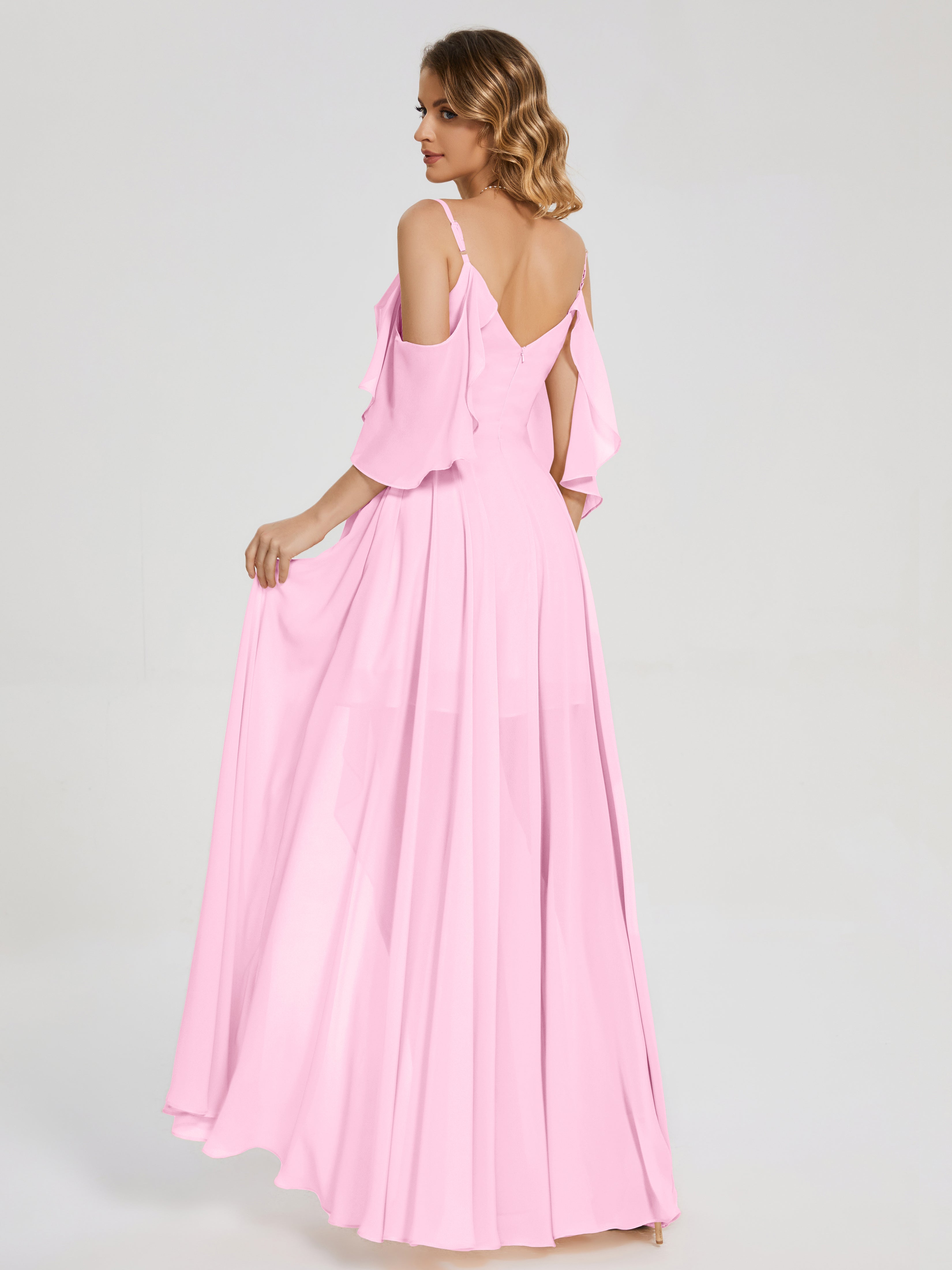 Robes De Demoiselle D'Honneur Rose Bonbon Asymétrique Hors-La-Épaule Mousseline Robes Demoiselle D'Honneur
