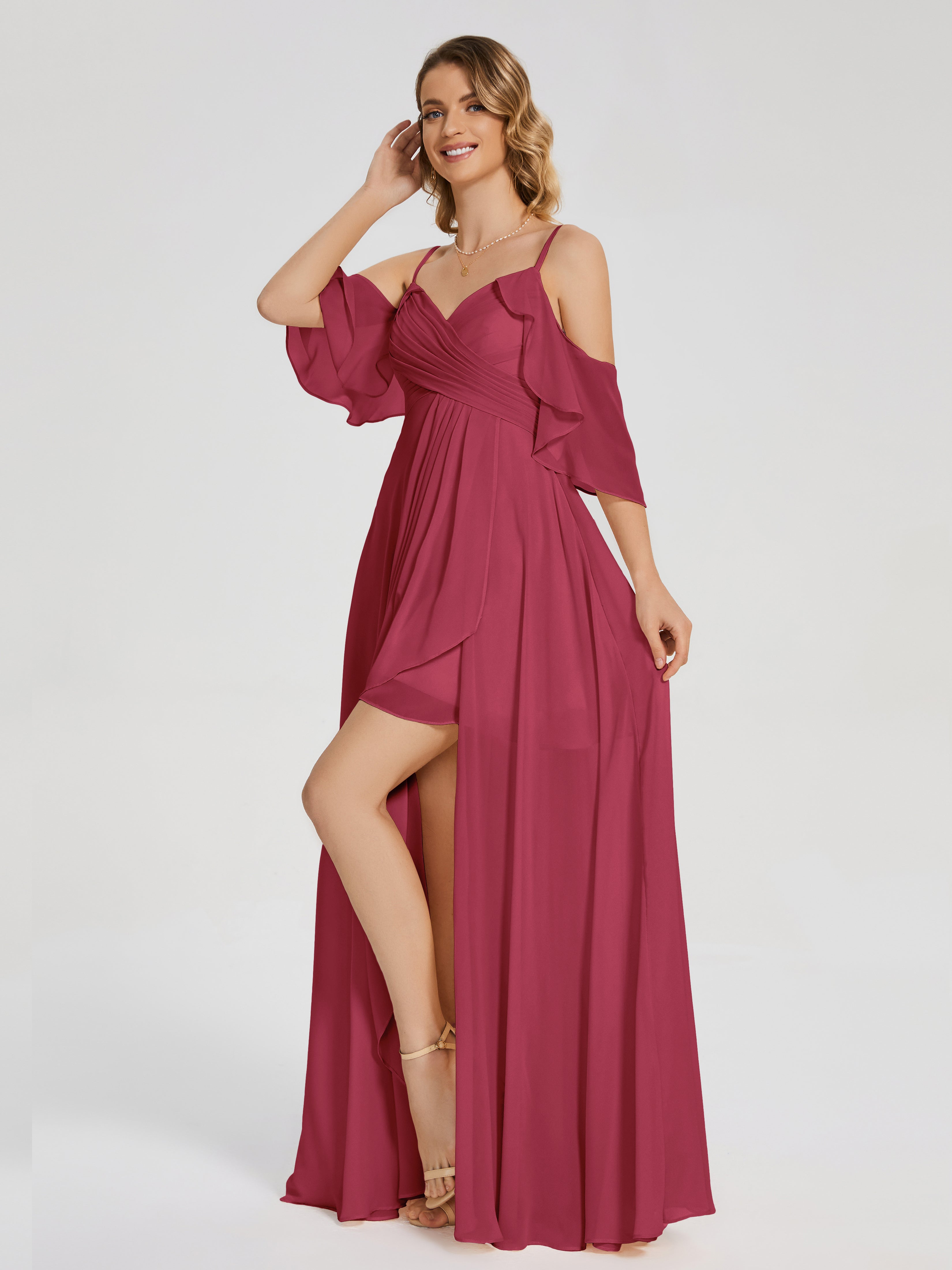Couleur Rose Cannelle Asymétrique Hors-La-Épaule Mousseline Robes Demoiselle D'Honneur