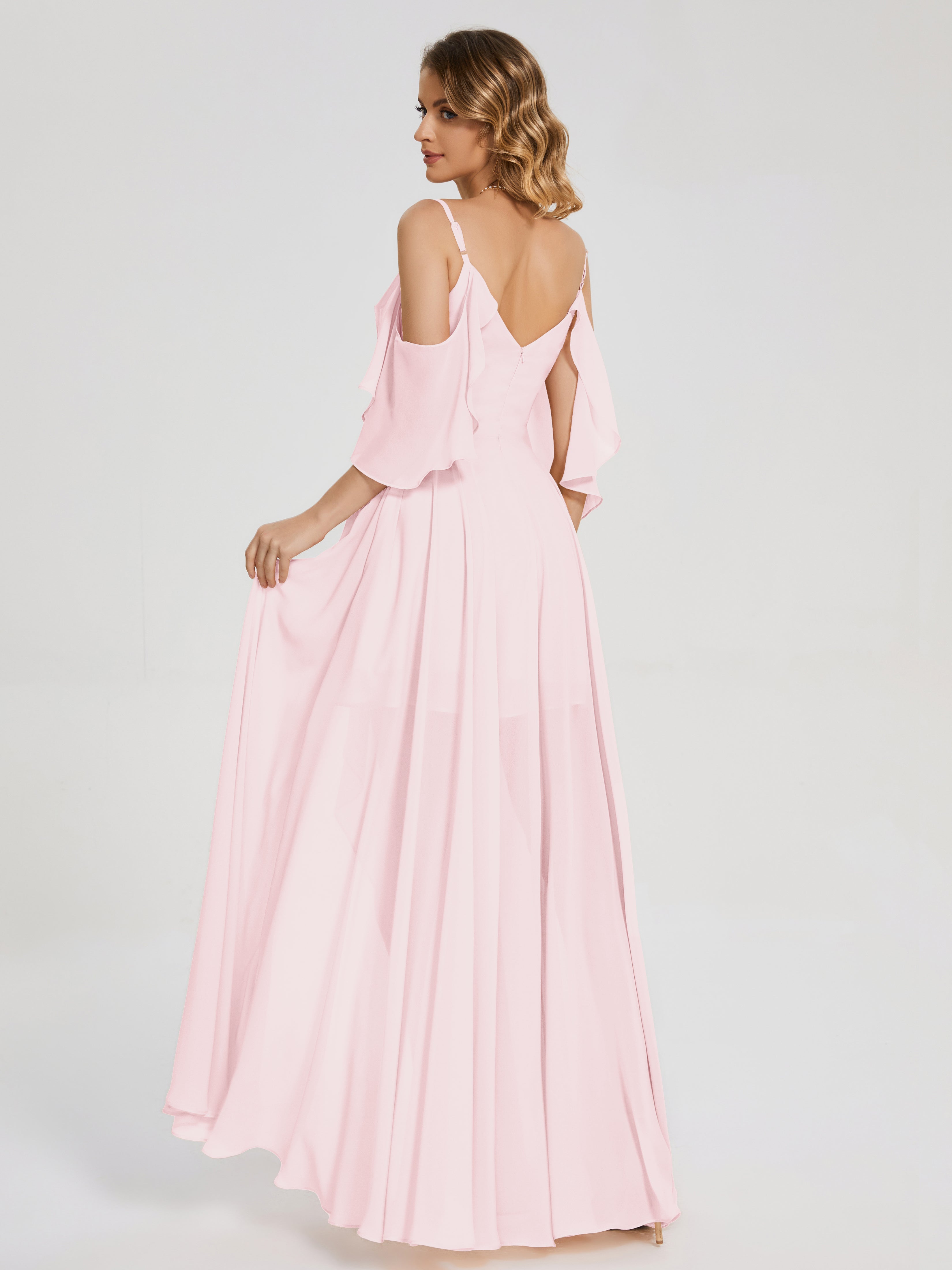 Robes De Demoiselle D'Honneur Rose Pale Asymétrique Hors-La-Épaule Mousseline Robes Demoiselle D'Honneur