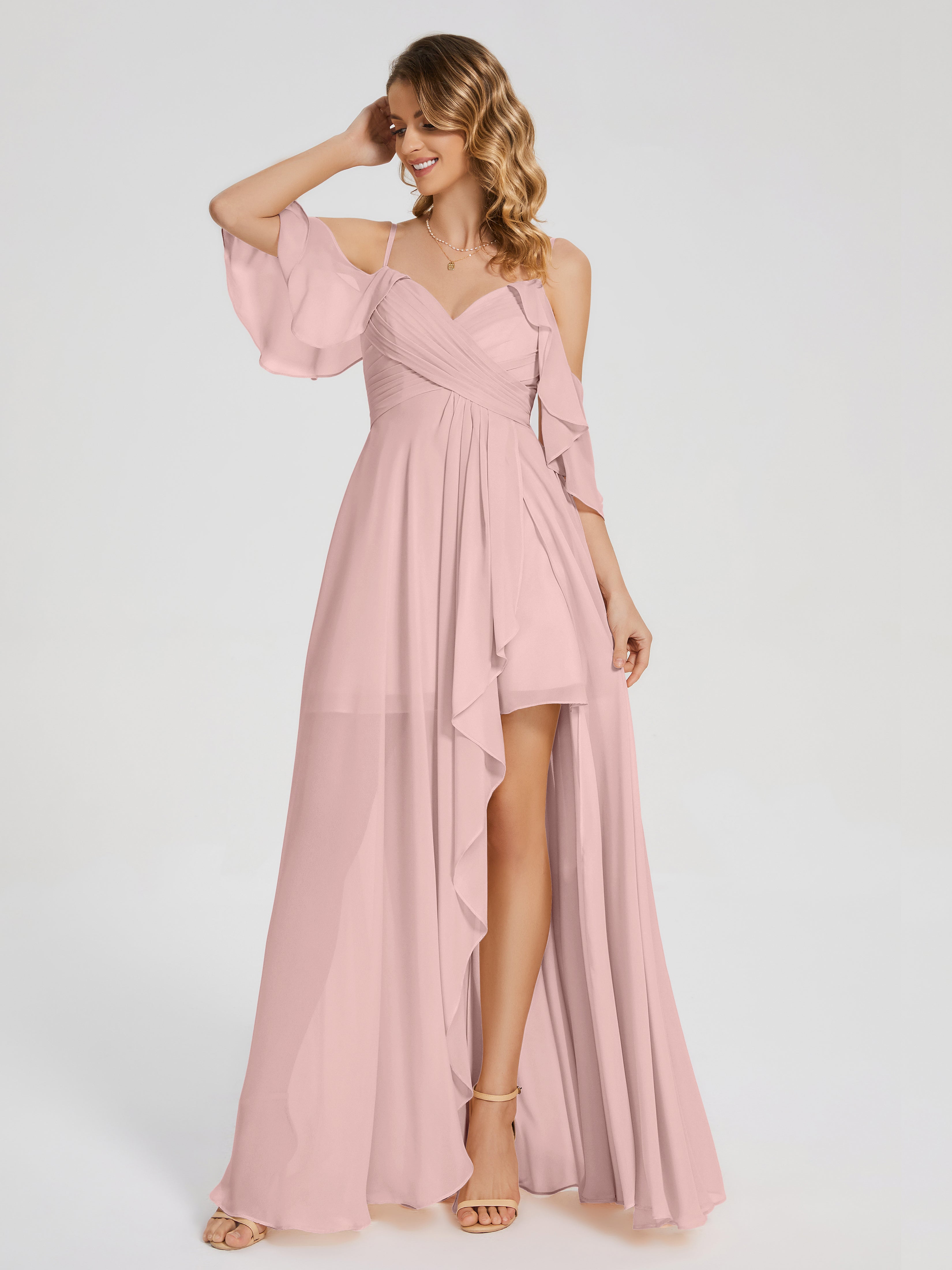 Robes De Demoiselle D'Honneur Rose Poussiéreux Asymétrique Hors-La-Épaule Mousseline Robes Demoiselle D'Honneur