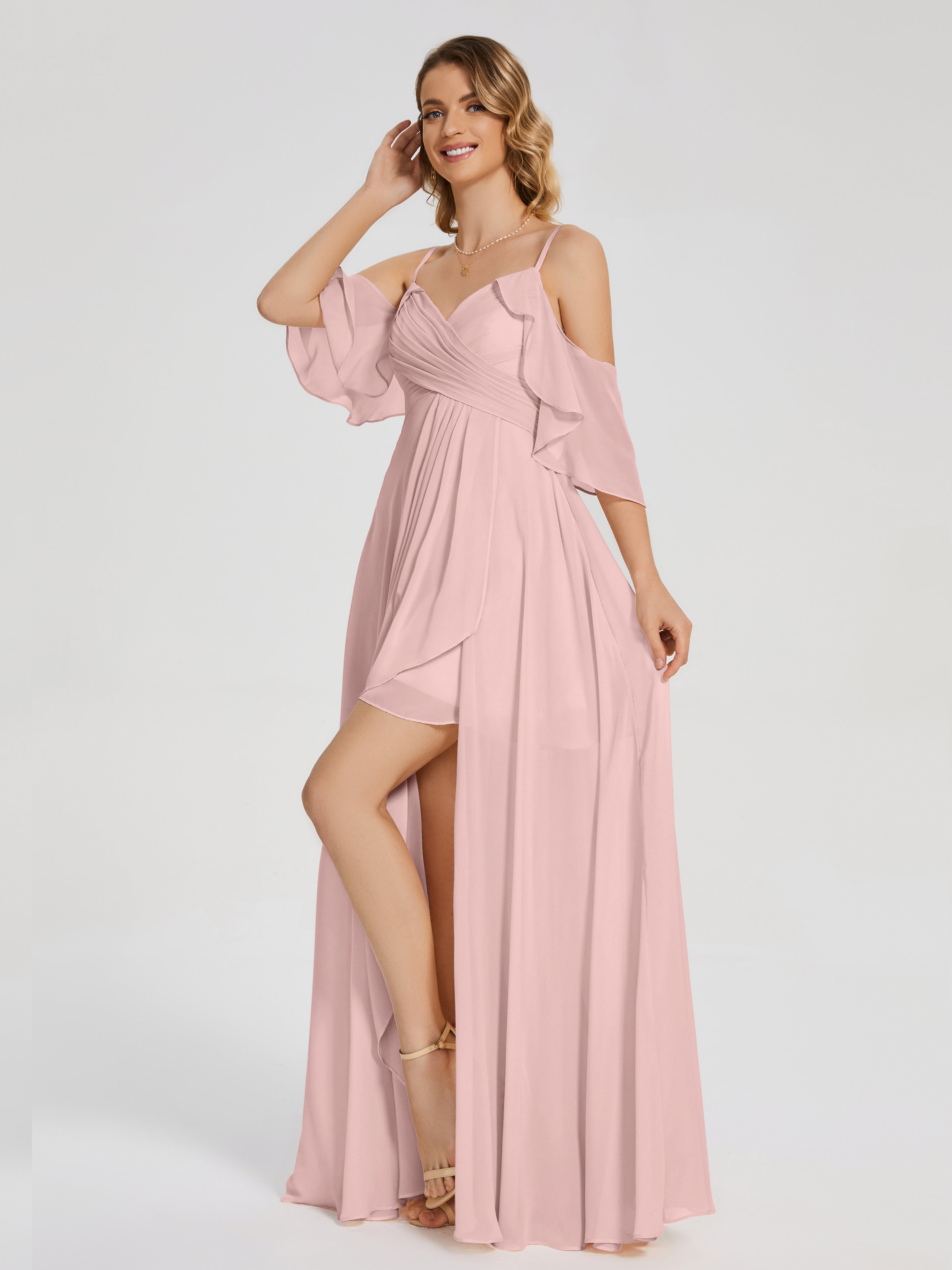 Robes De Demoiselle D'Honneur Rose Poussiéreux Asymétrique Hors-La-Épaule Mousseline Robes Demoiselle D'Honneur