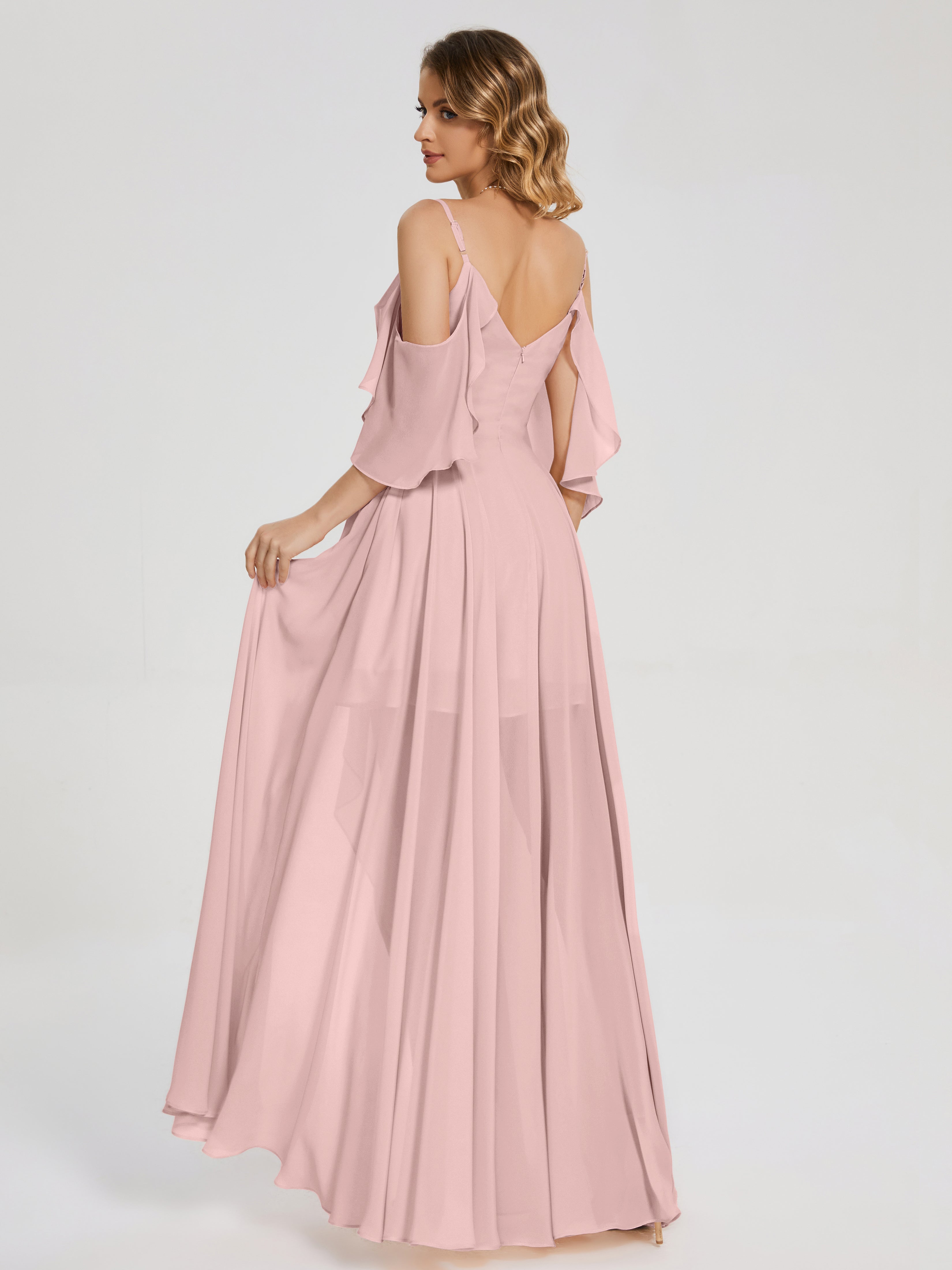 Robes De Demoiselle D'Honneur Rose Poussiéreux Asymétrique Hors-La-Épaule Mousseline Robes Demoiselle D'Honneur