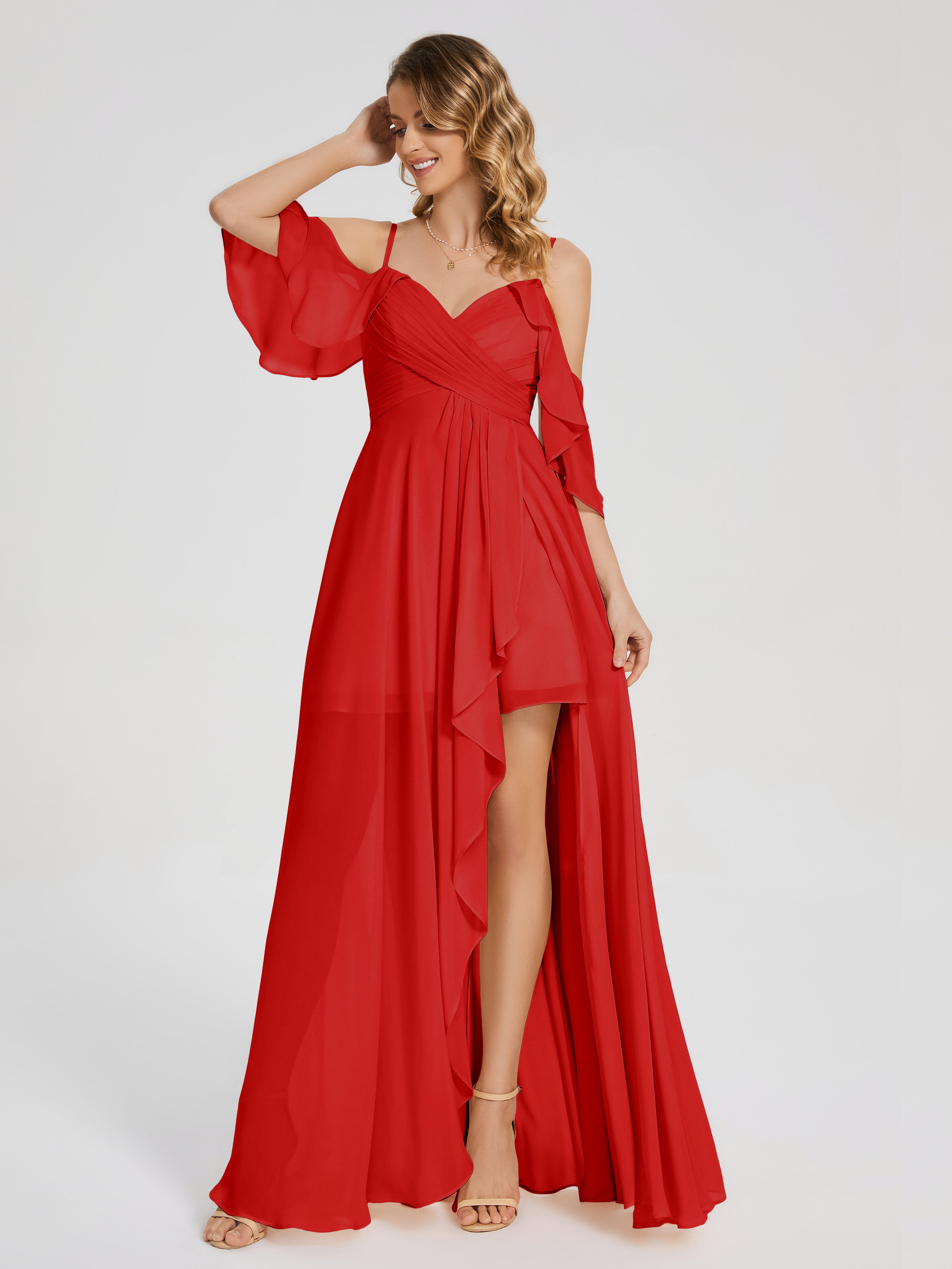 Robe Demoiselle D Honneur Rouge Asymétrique Hors-La-Épaule Mousseline Robes Demoiselle D'Honneur