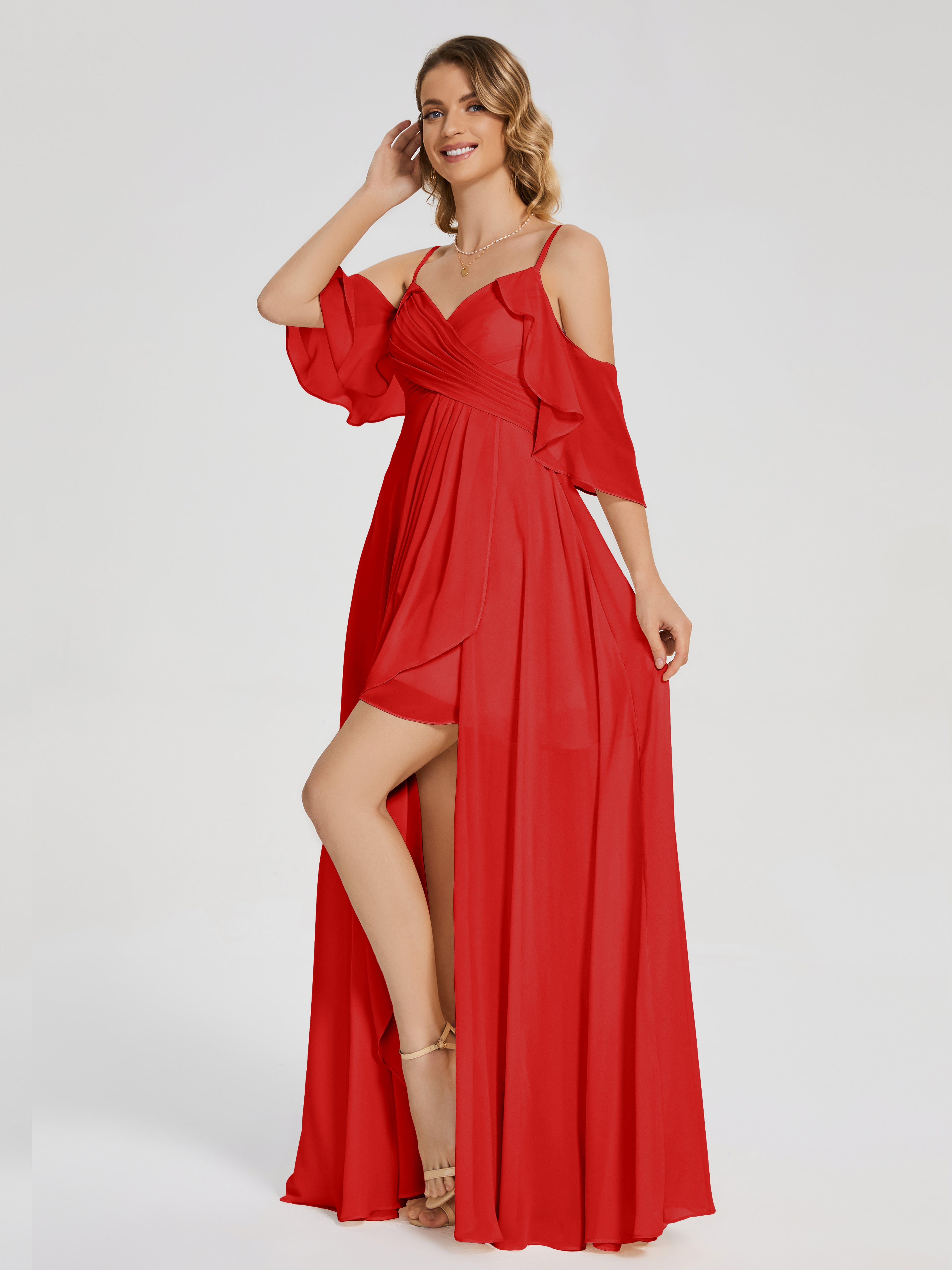 Robe Demoiselle D Honneur Rouge Asymétrique Hors-La-Épaule Mousseline Robes Demoiselle D'Honneur