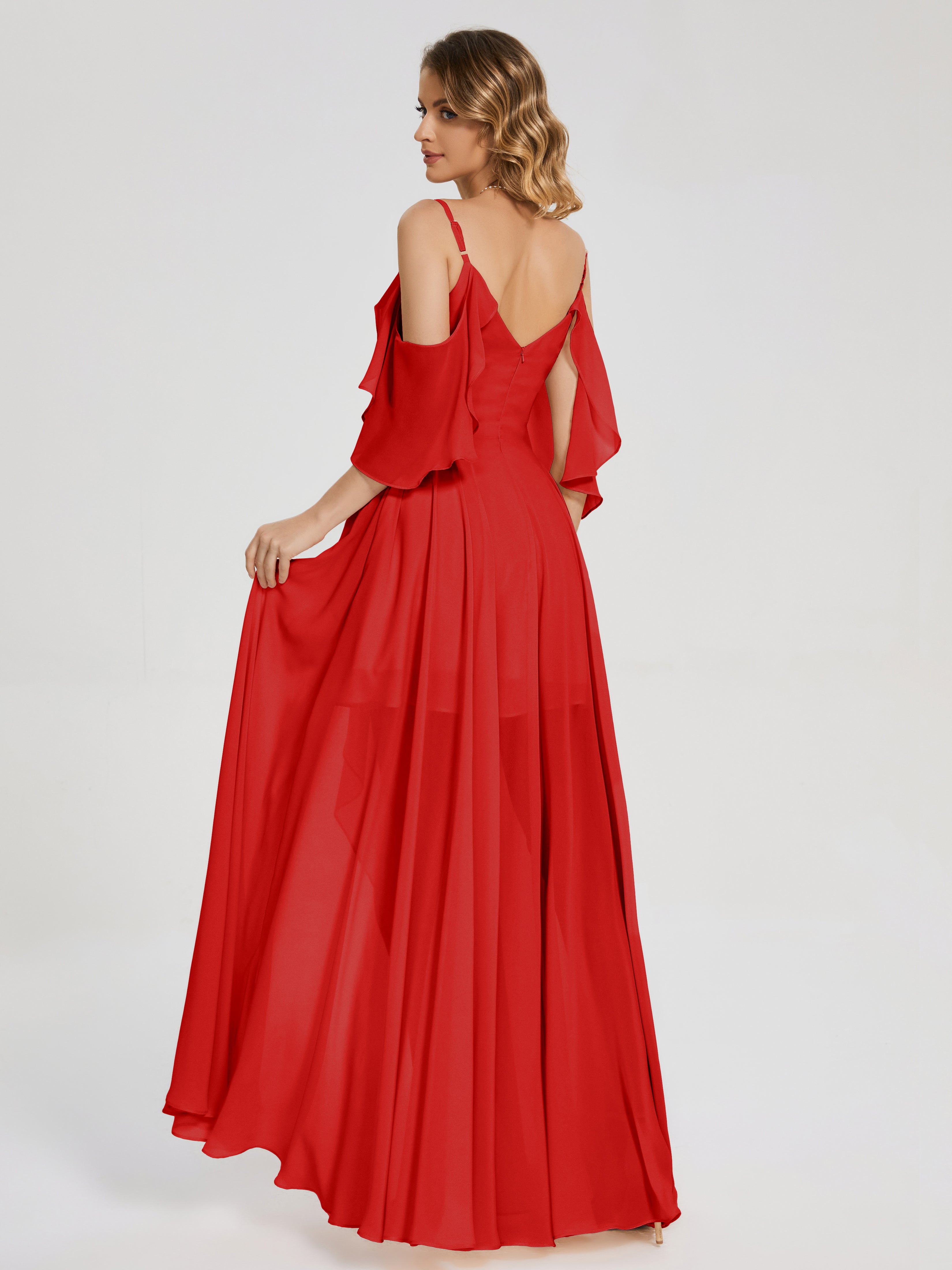 Robe Demoiselle D Honneur Rouge Asymétrique Hors-La-Épaule Mousseline Robes Demoiselle D'Honneur