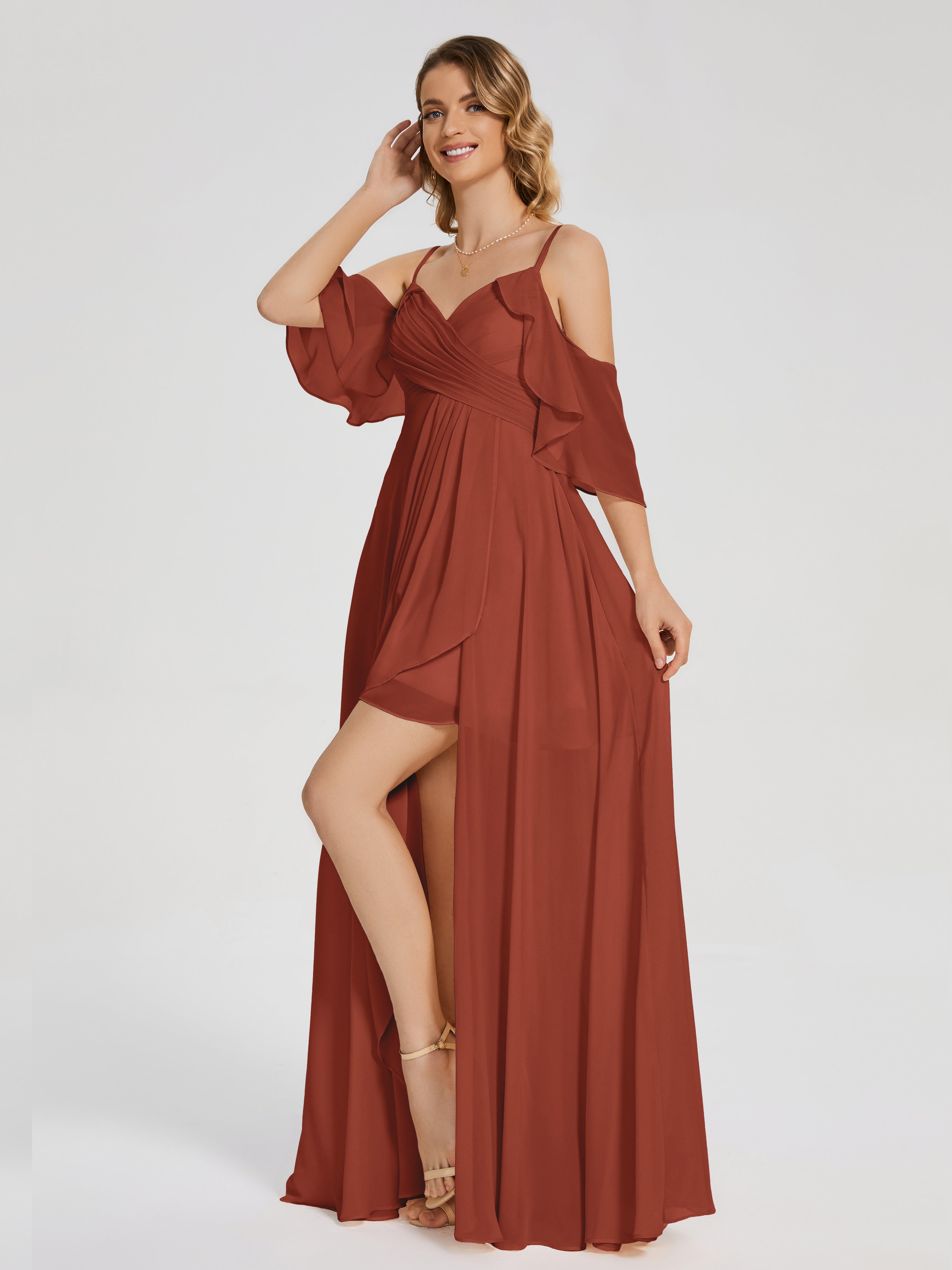 Robe De Demoiselle D'Honneur Rouille Asymétrique Hors-La-Épaule Mousseline Robes Demoiselle D'Honneur